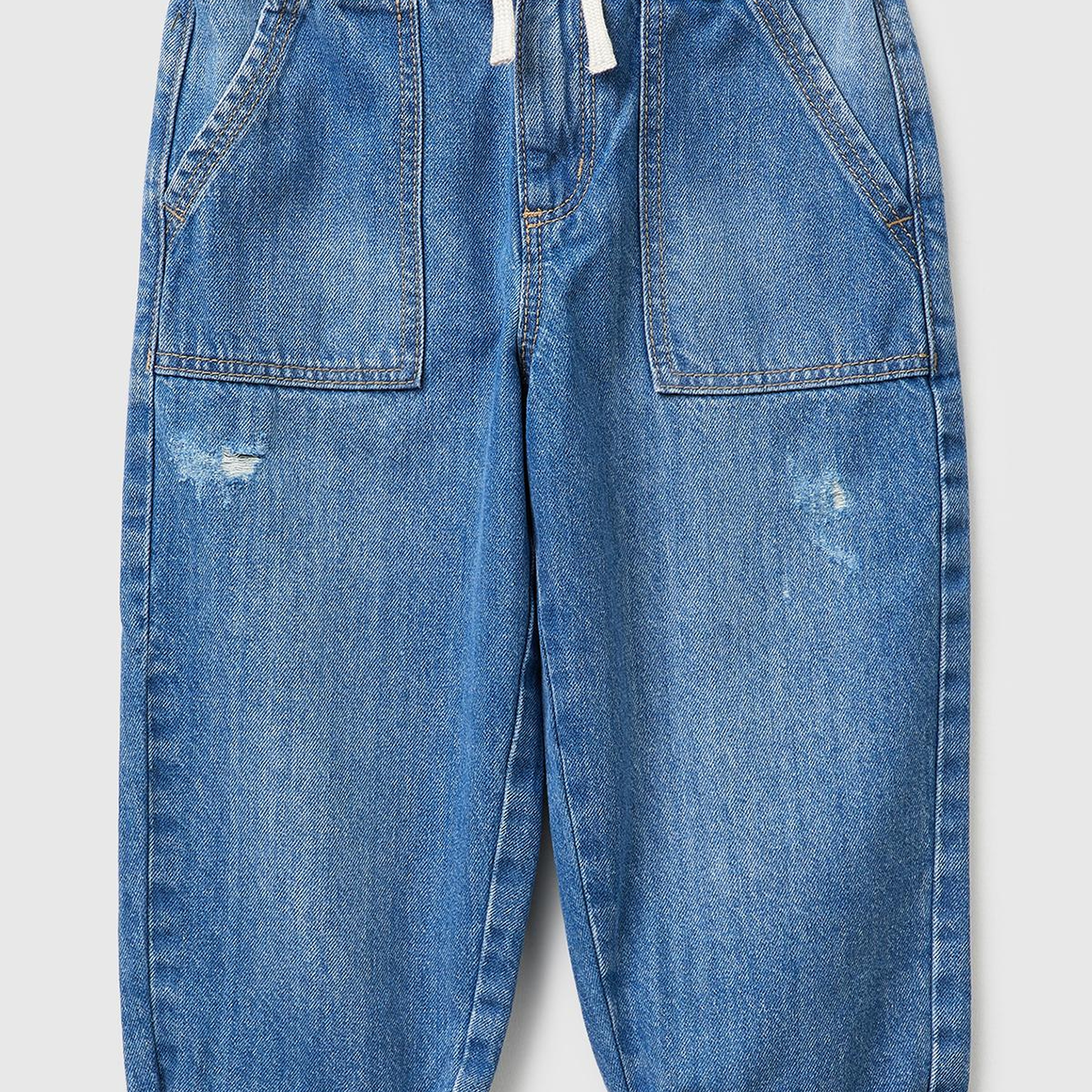 Erkek Çocuk Lacivert Beli Büzgülü İpli Paçası Kıvrık Denim Pantolon