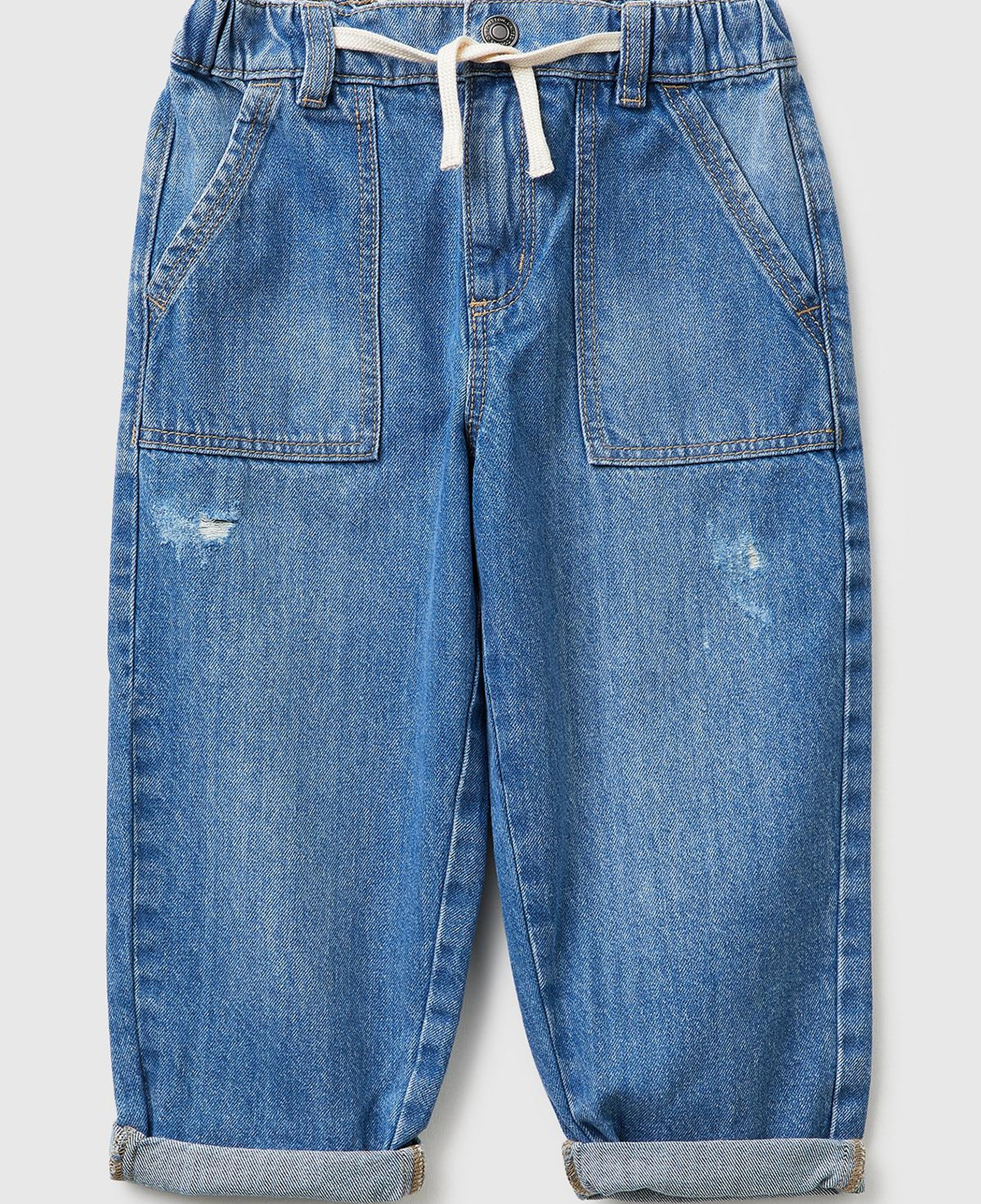 Erkek Çocuk Lacivert Beli Büzgülü İpli Paçası Kıvrık Denim Pantolon