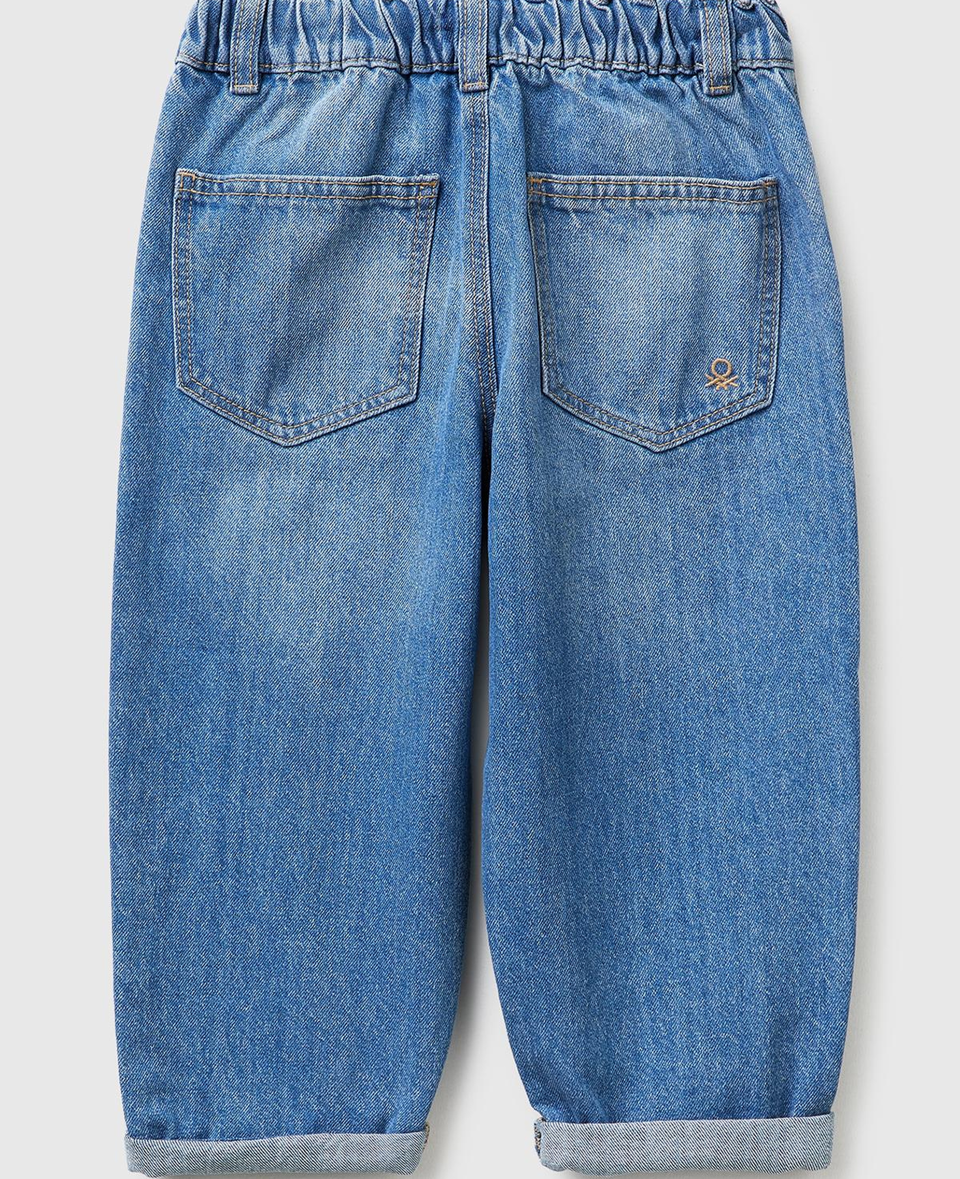 Erkek Çocuk Lacivert Beli Büzgülü İpli Paçası Kıvrık Denim Pantolon