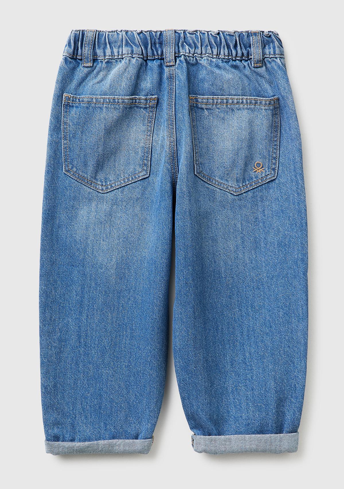 Erkek Çocuk Lacivert Beli Büzgülü İpli Paçası Kıvrık Denim Pantolon