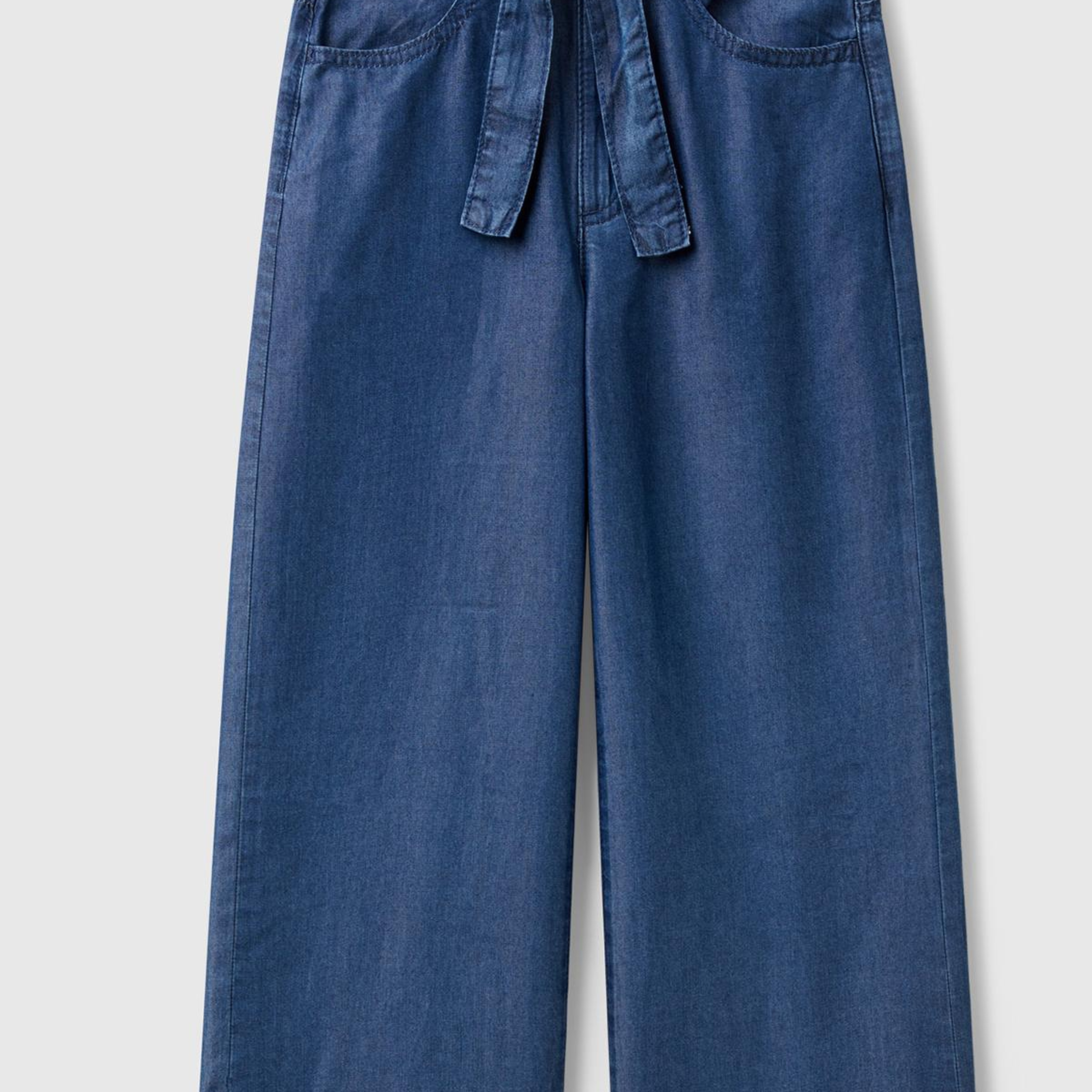 Kız Çocuk Lacivert %100 Liyosel Beli Kuşaklı Wide Fit Denim Pantolon