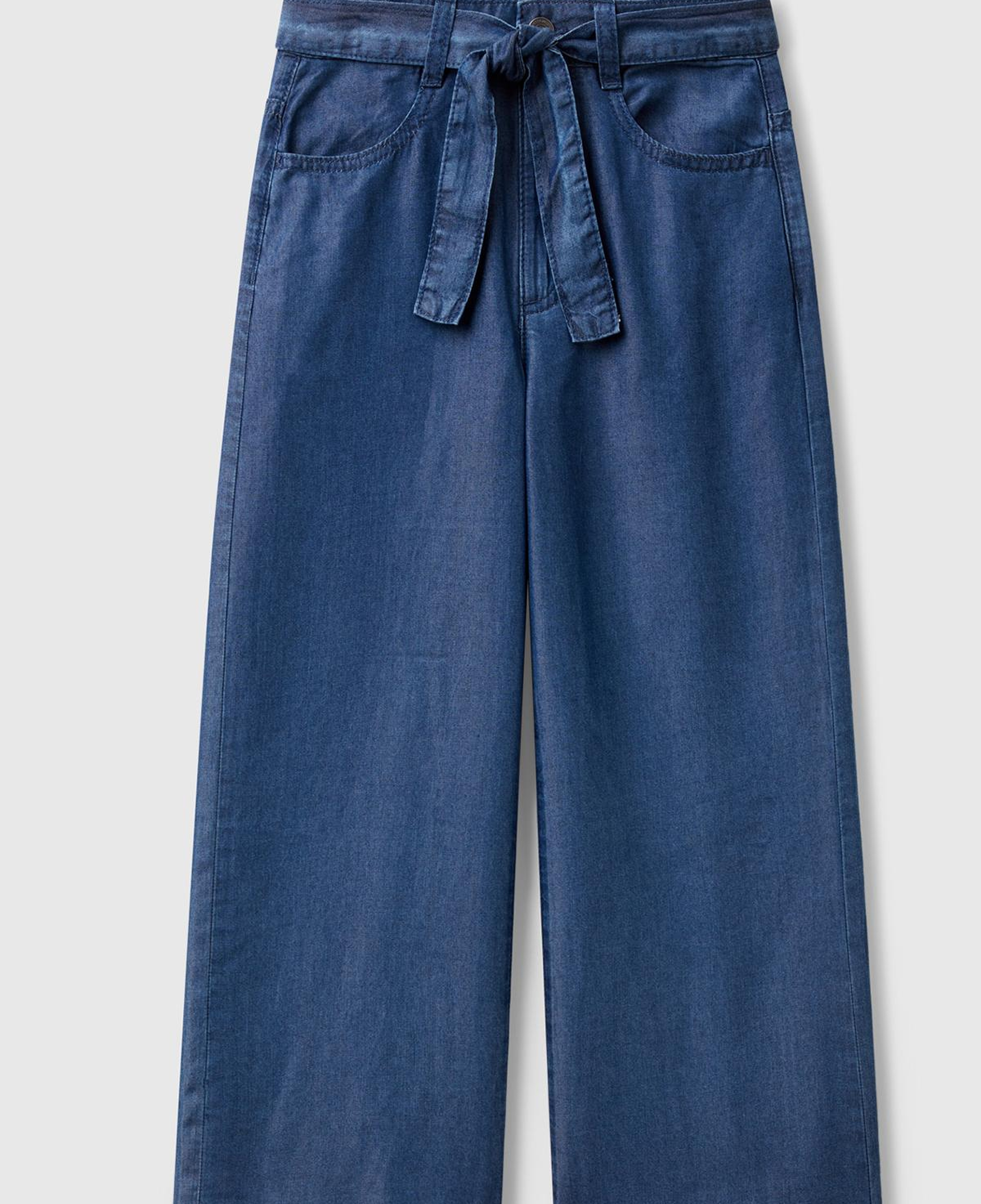 Kız Çocuk Lacivert %100 Liyosel Beli Kuşaklı Wide Fit Denim Pantolon