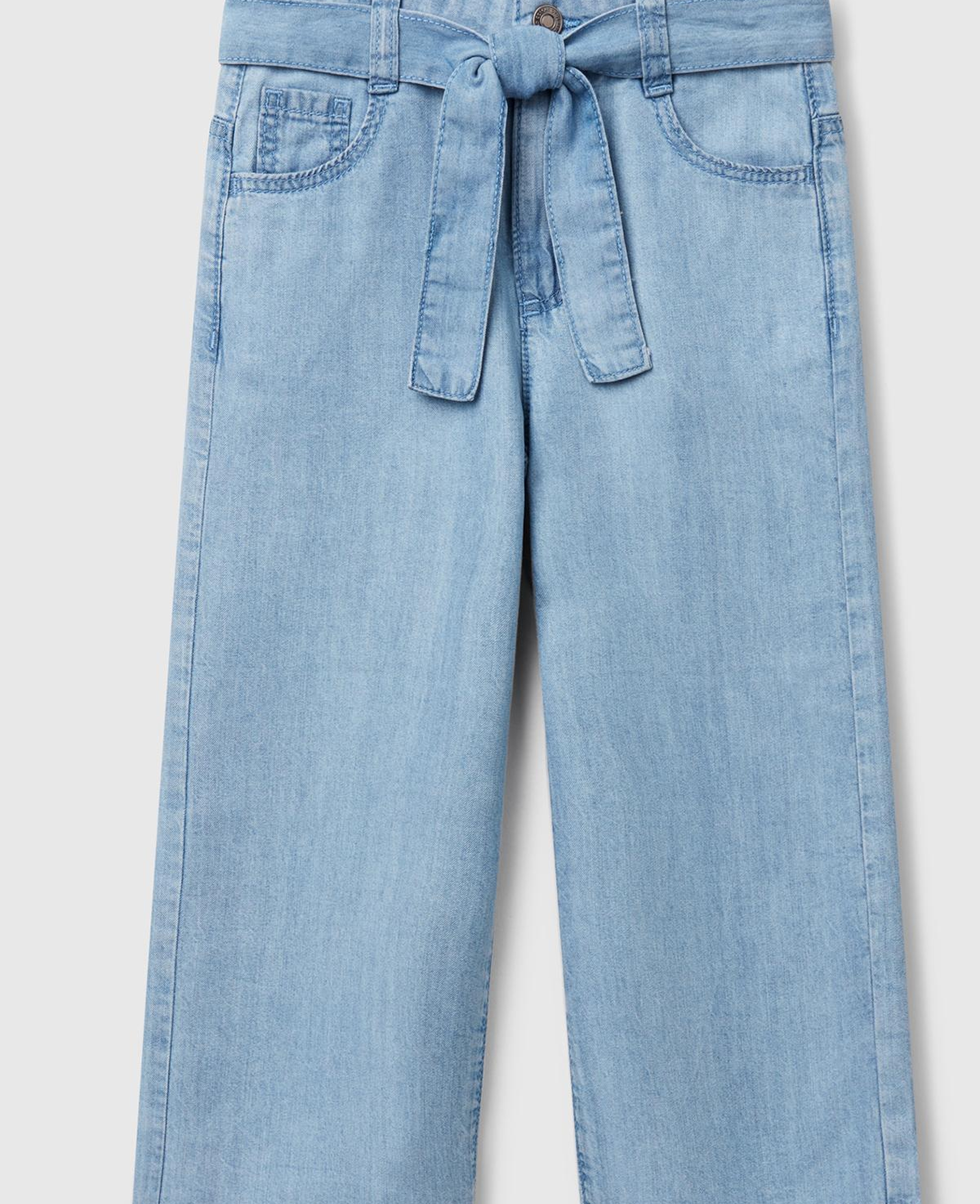 Kız Çocuk Açık Mavi %100 Liyosel Taş Yıkama Kuşaklı Wide Leg Denim Pantolon