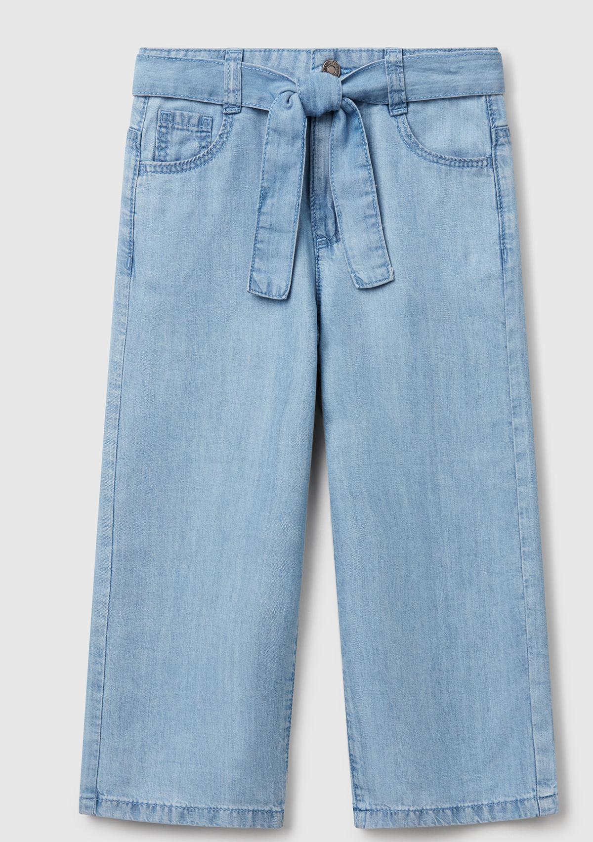 Kız Çocuk Açık Mavi %100 Liyosel Taş Yıkama Kuşaklı Wide Leg Denim Pantolon