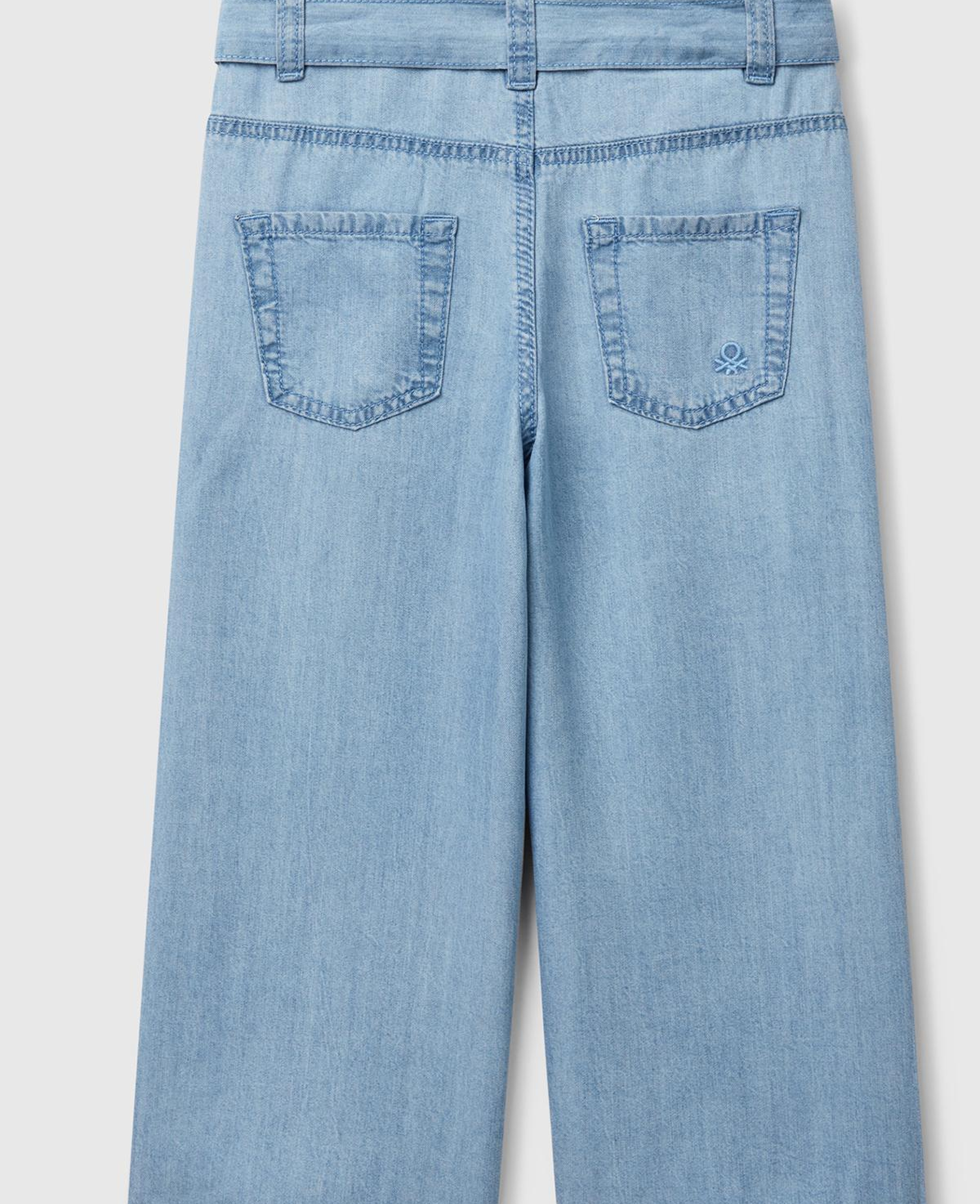 Kız Çocuk Açık Mavi %100 Liyosel Taş Yıkama Kuşaklı Wide Leg Denim Pantolon