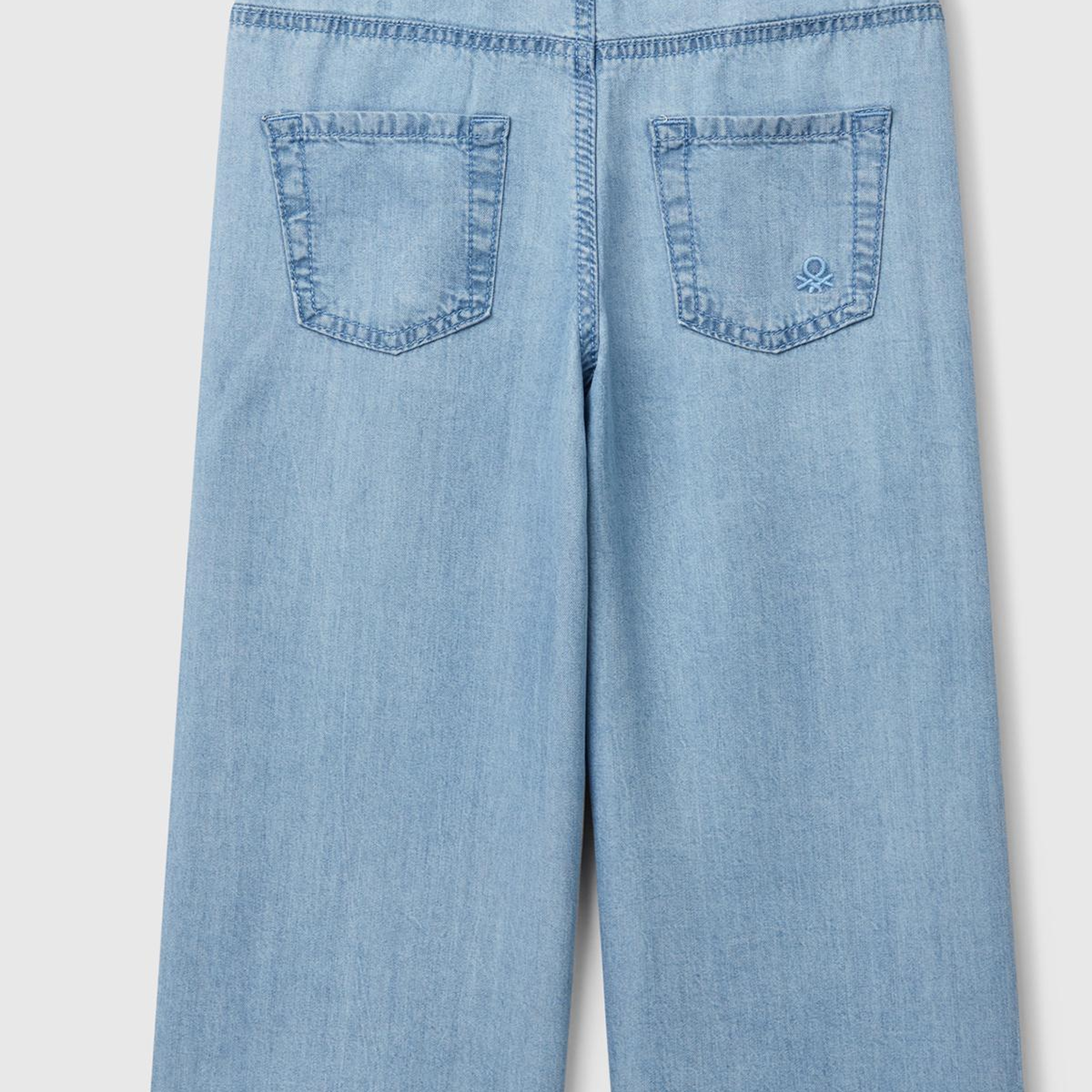 Kız Çocuk Açık Mavi %100 Liyosel Taş Yıkama Kuşaklı Wide Leg Denim Pantolon