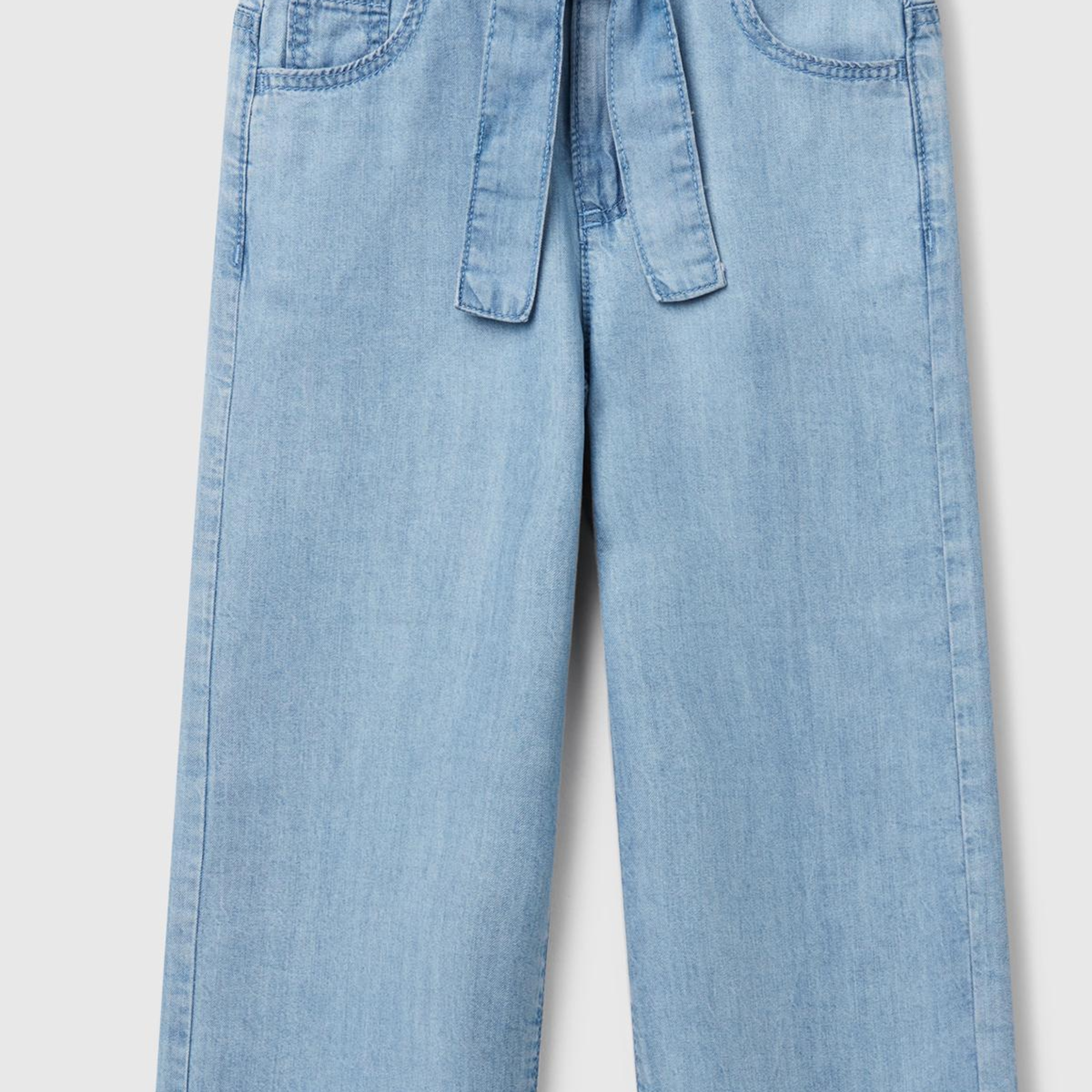 Kız Çocuk Açık Mavi %100 Liyosel Taş Yıkama Kuşaklı Wide Leg Denim Pantolon