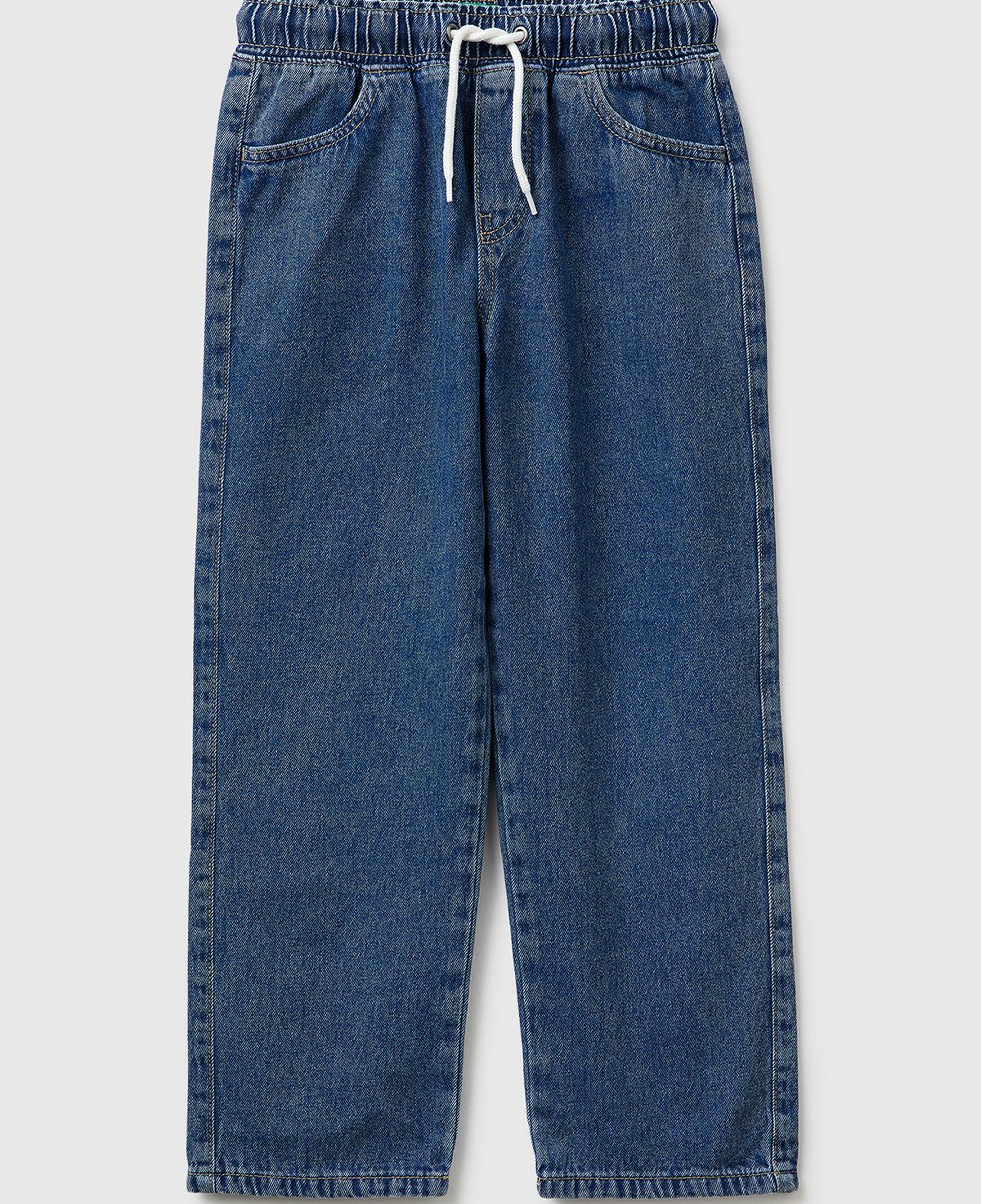 Erkek Çocuk Koyu Mavi Beli ve Paçası Büzgülü Denim Pantolon