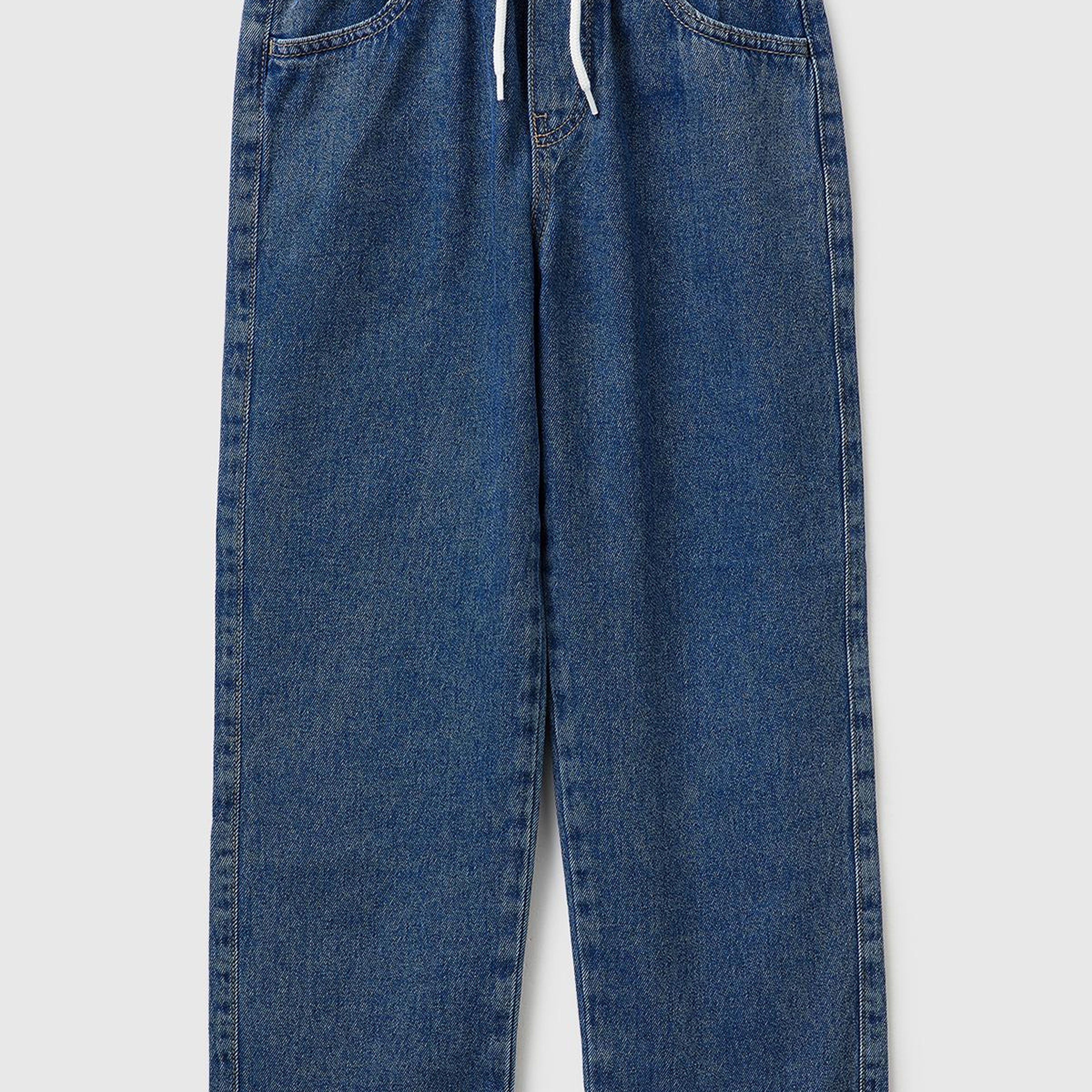 Erkek Çocuk Koyu Mavi Beli ve Paçası Büzgülü Denim Pantolon