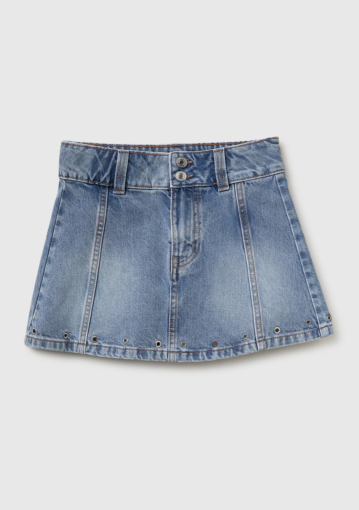 Kız Çocuk Mavi Metal Detaylı Mini Denim Etek