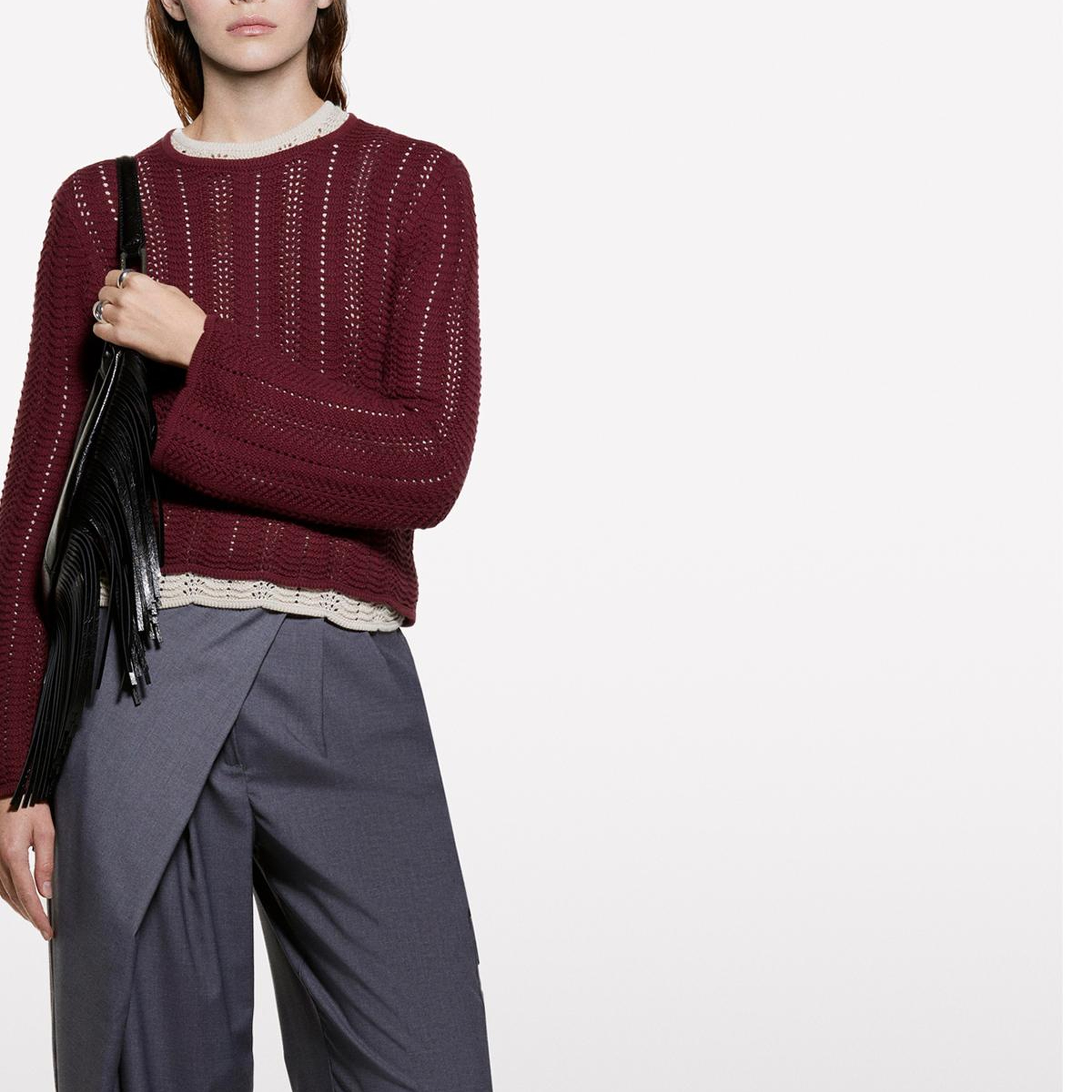 Kadın Bordo %100 Pamuk Kolu Kloş Regular Fit Bisiklet Yaka Kazak