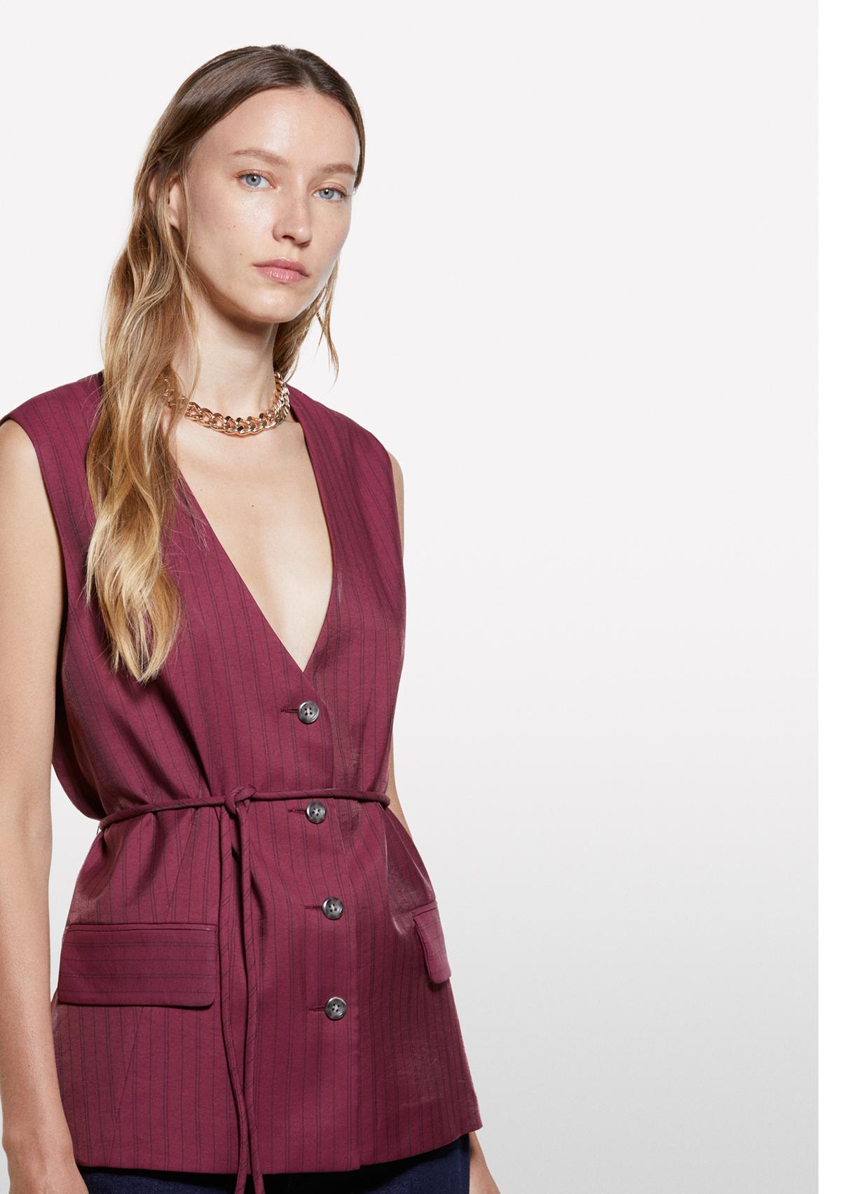 Kadın Bordo Viskoz Karışımlı Çizgili Beli İpli Regular Fit V Yaka Yelek