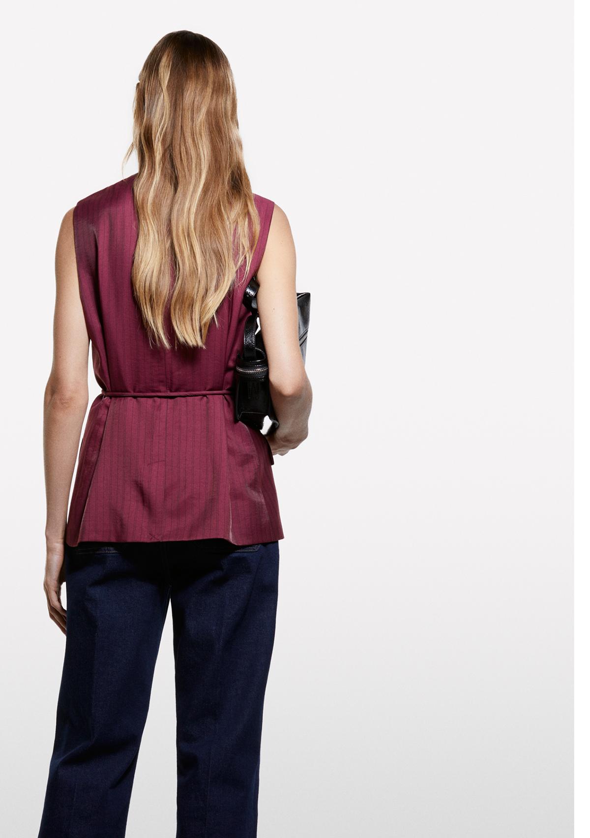 Kadın Bordo Viskoz Karışımlı Çizgili Beli İpli Regular Fit V Yaka Yelek