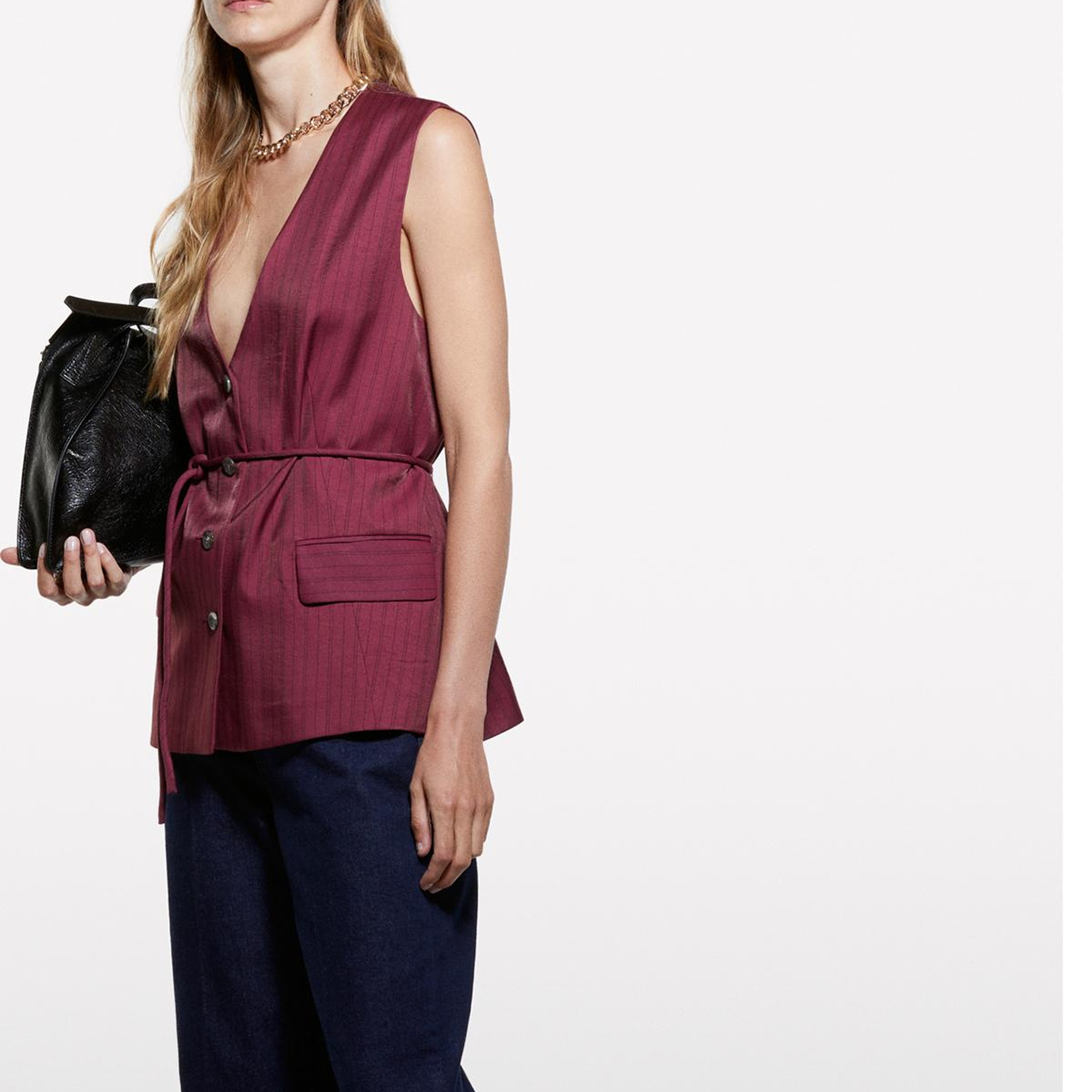Kadın Bordo Viskoz Karışımlı Çizgili Beli İpli Regular Fit V Yaka Yelek
