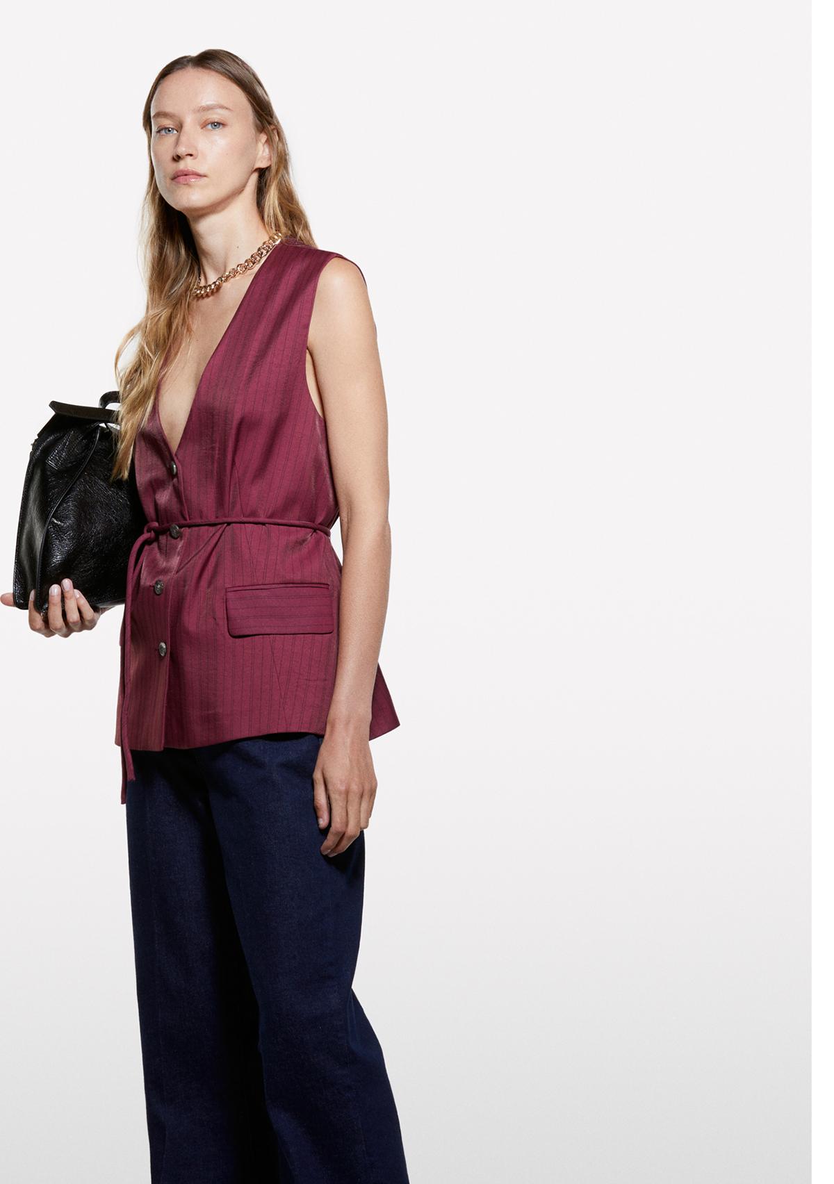 Kadın Bordo Viskoz Karışımlı Çizgili Beli İpli Regular Fit V Yaka Yelek