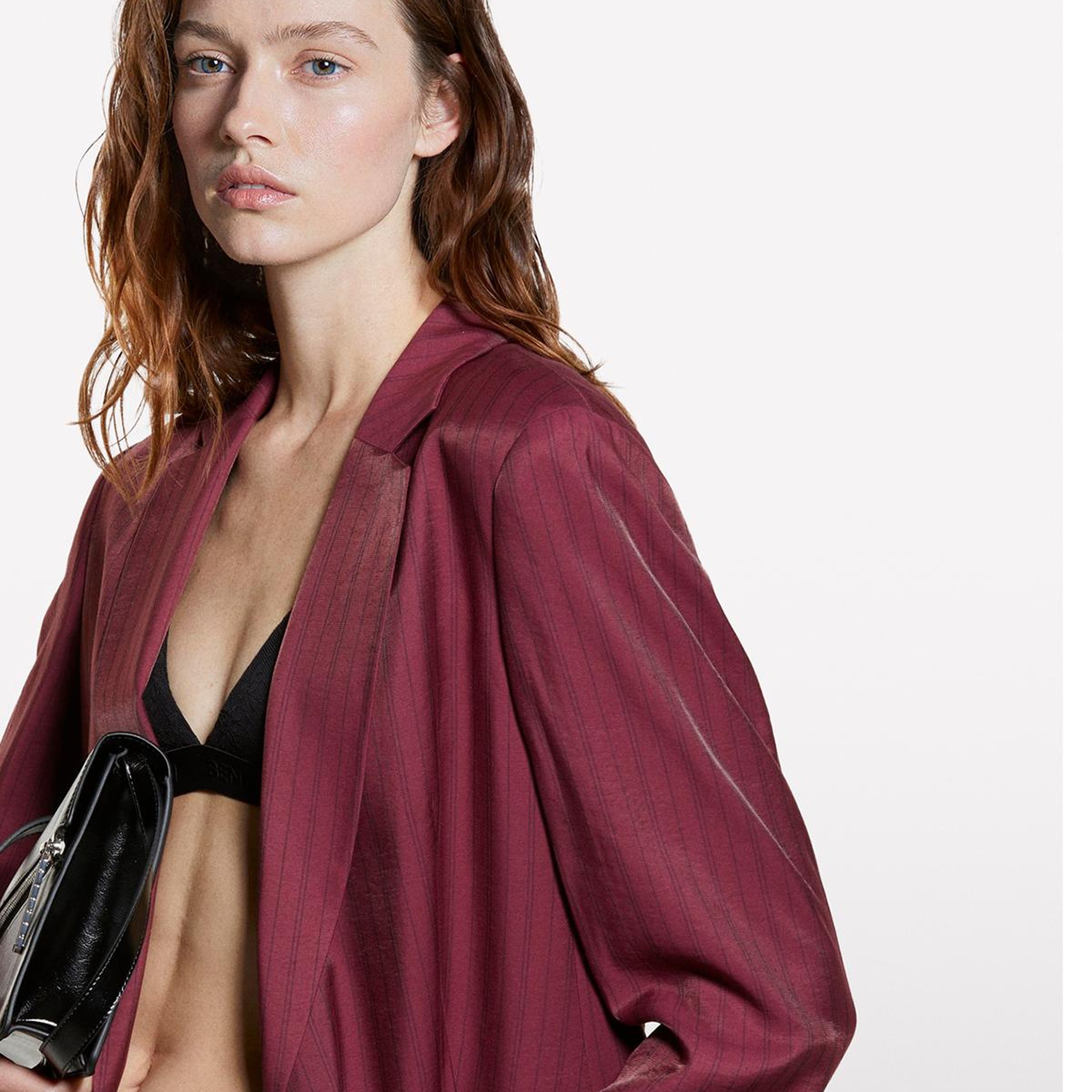 Kadın Bordo Viskoz Karışımlı Çizgili Regular Fit Blazer Ceket