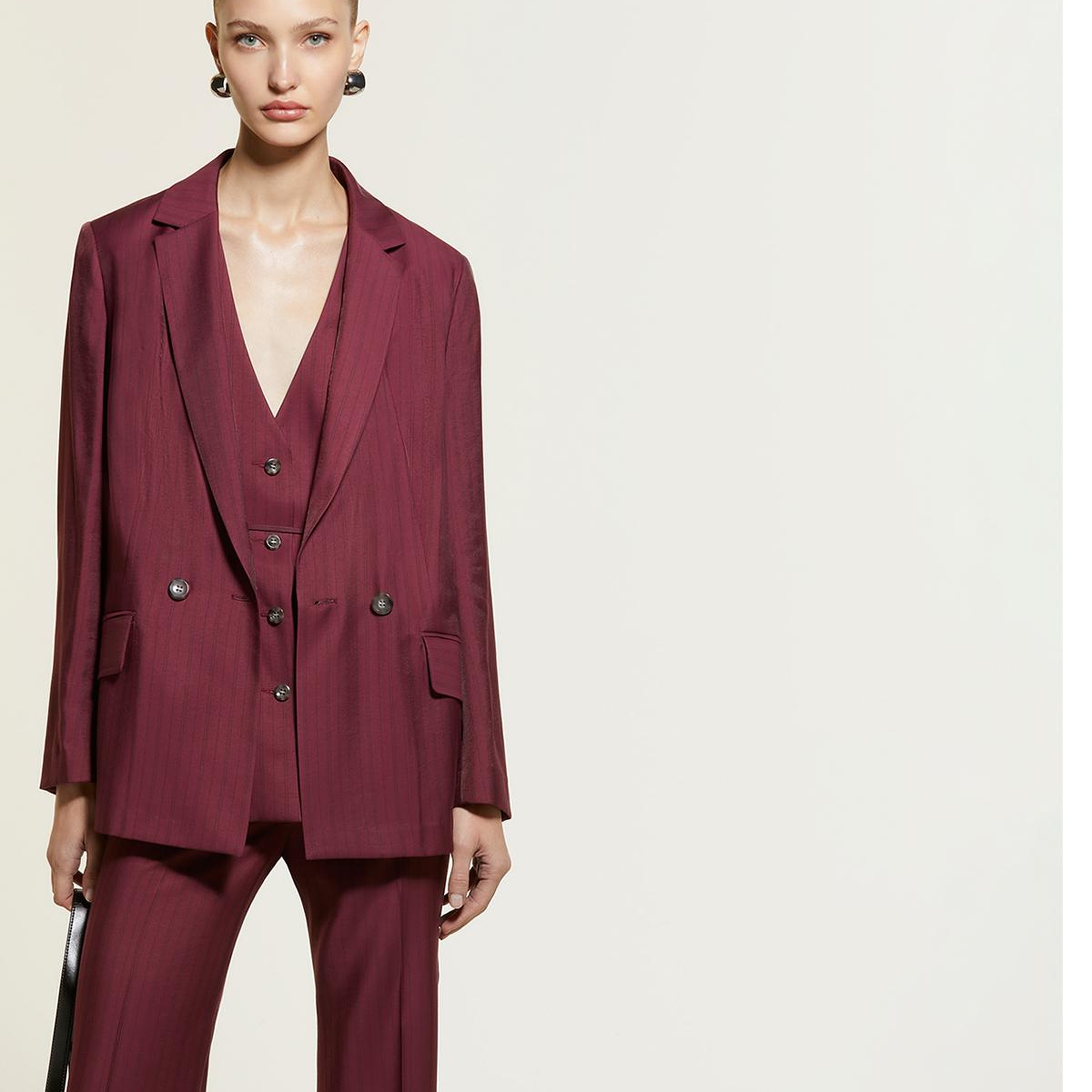 Kadın Bordo Viskoz Karışımlı Çizgili Regular Fit Blazer Ceket