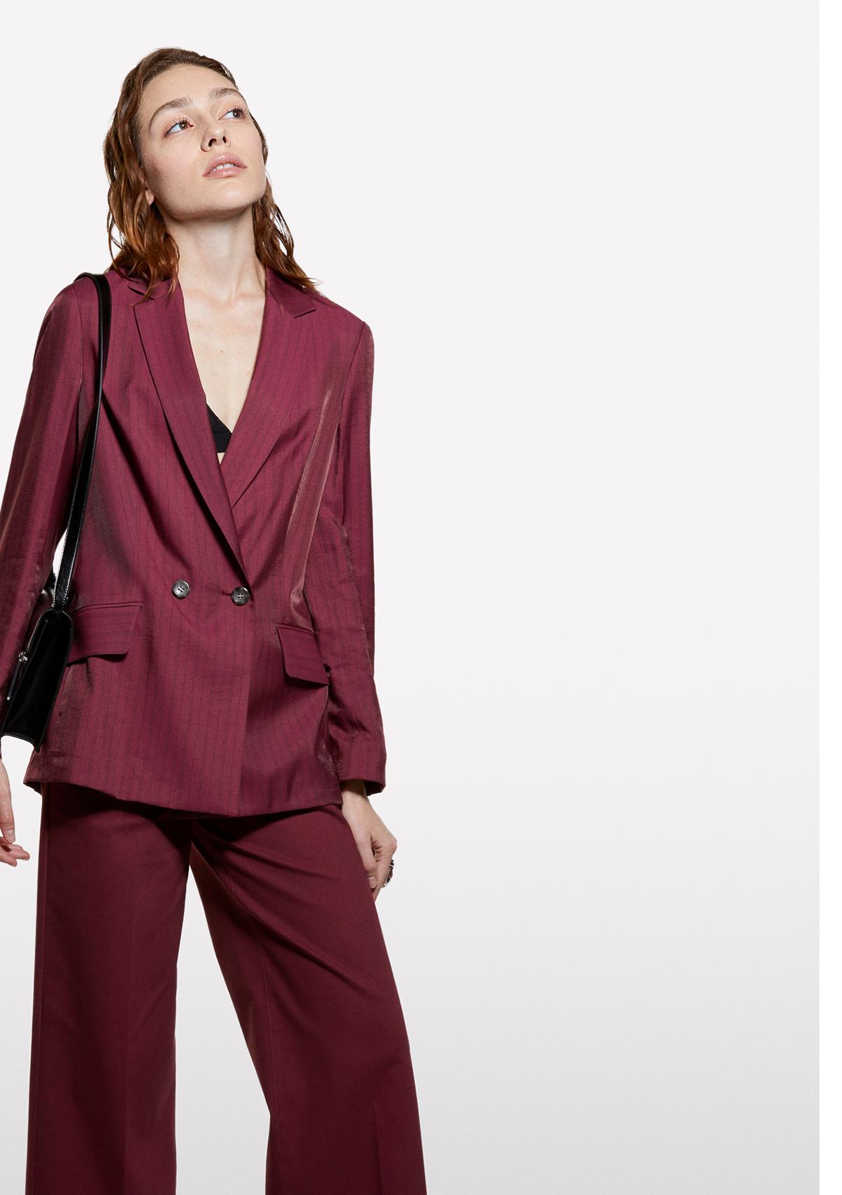 Kadın Bordo Viskoz Karışımlı Çizgili Regular Fit Blazer Ceket