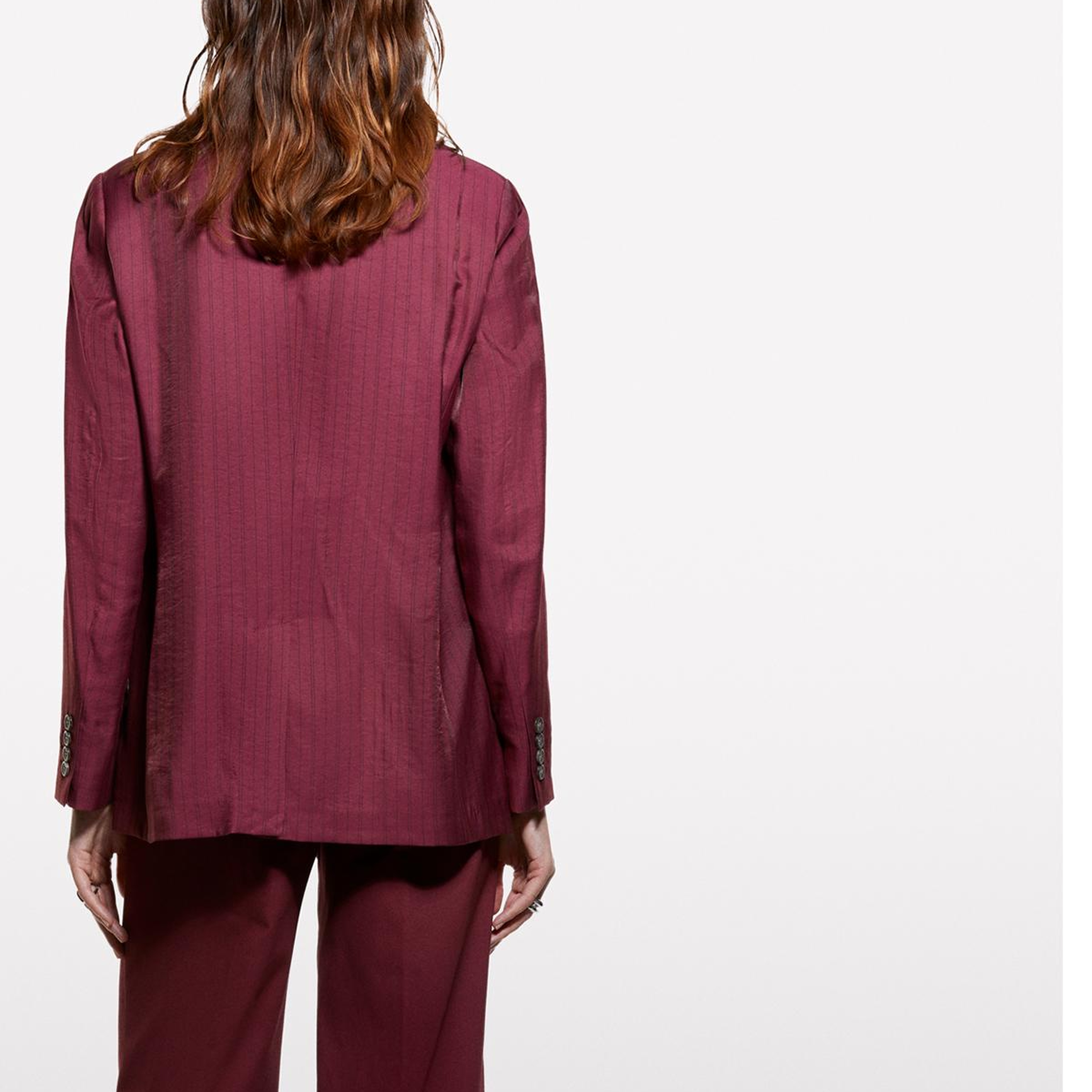 Kadın Bordo Viskoz Karışımlı Çizgili Regular Fit Blazer Ceket