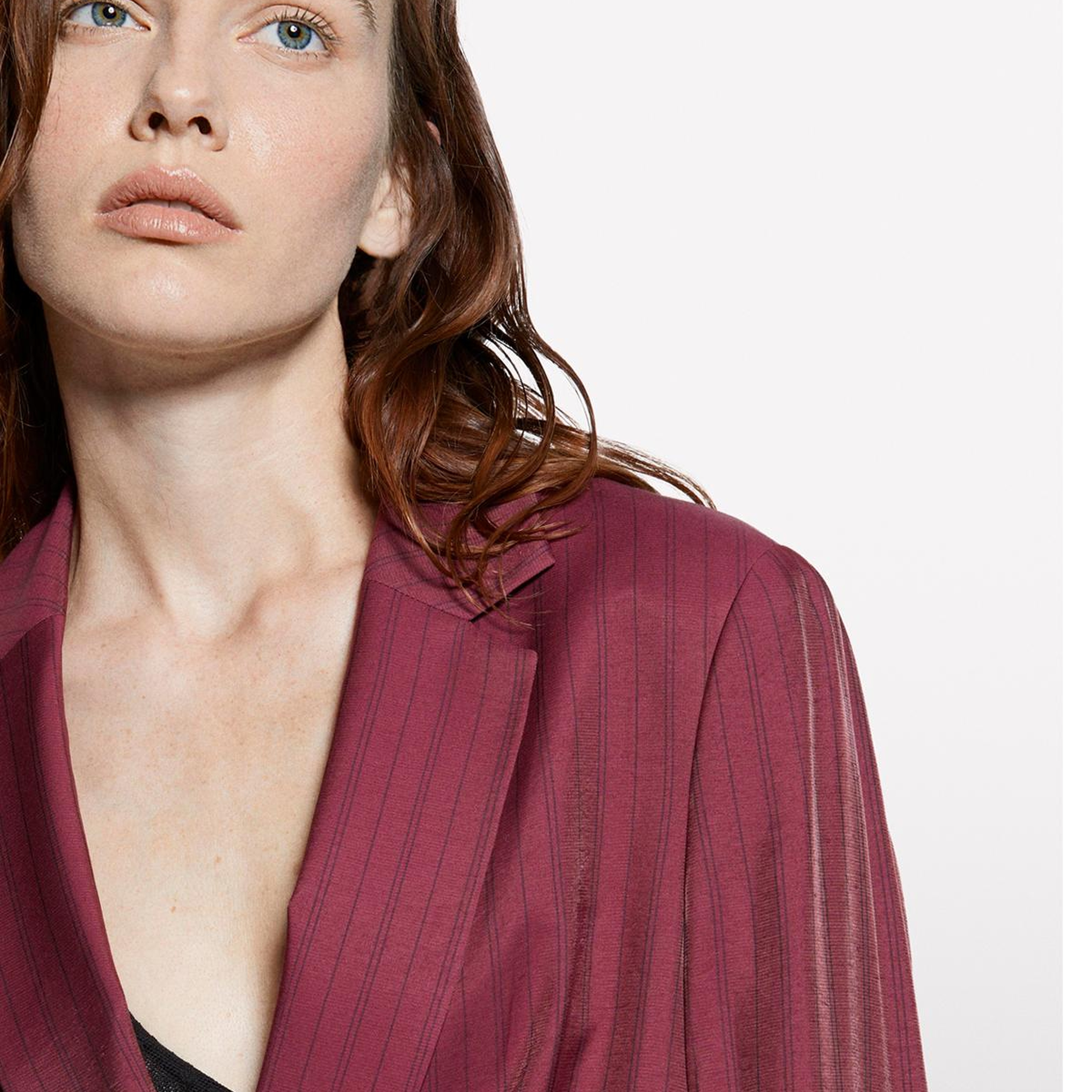 Kadın Bordo Viskoz Karışımlı Çizgili Regular Fit Blazer Ceket