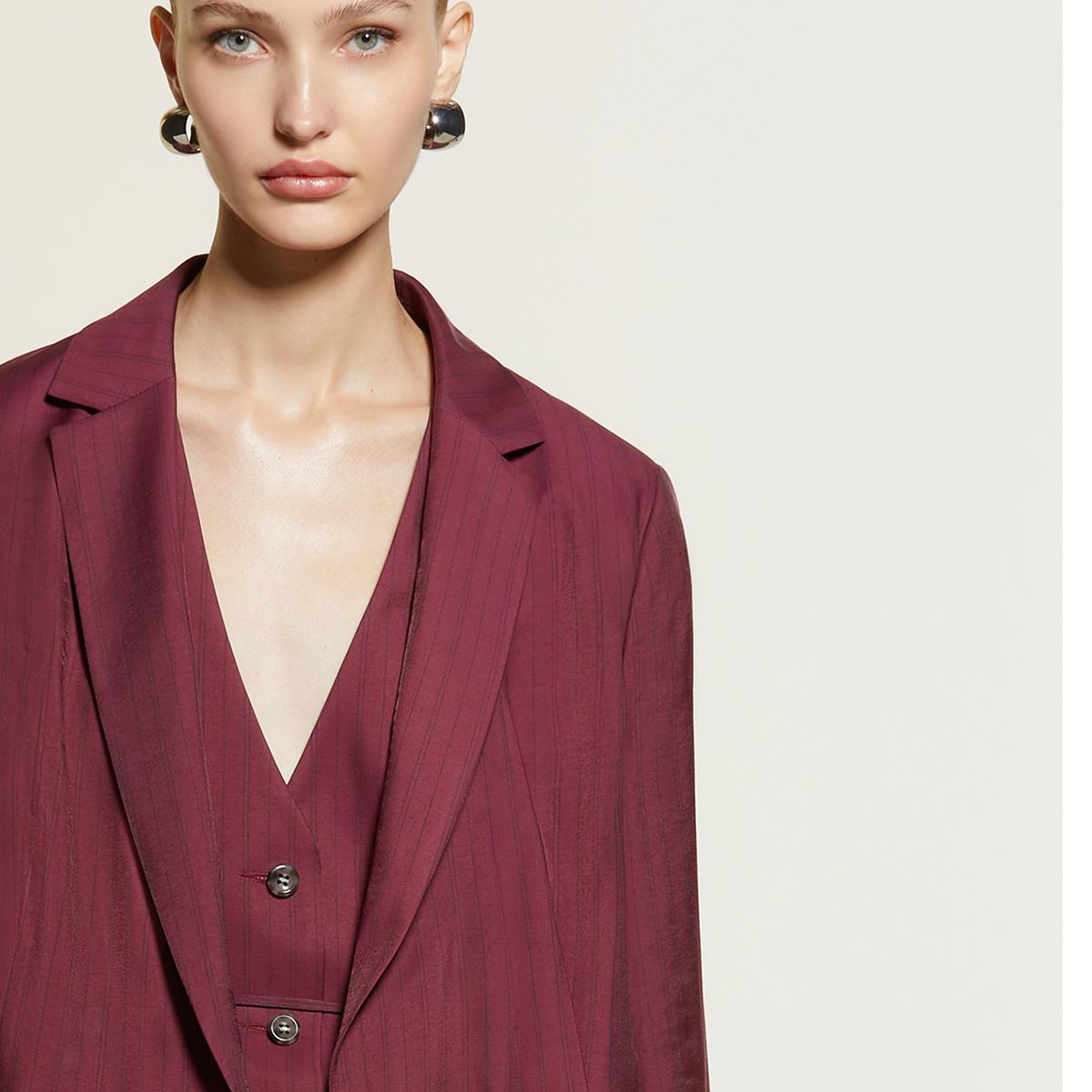 Kadın Bordo Viskoz Karışımlı Çizgili Regular Fit Blazer Ceket