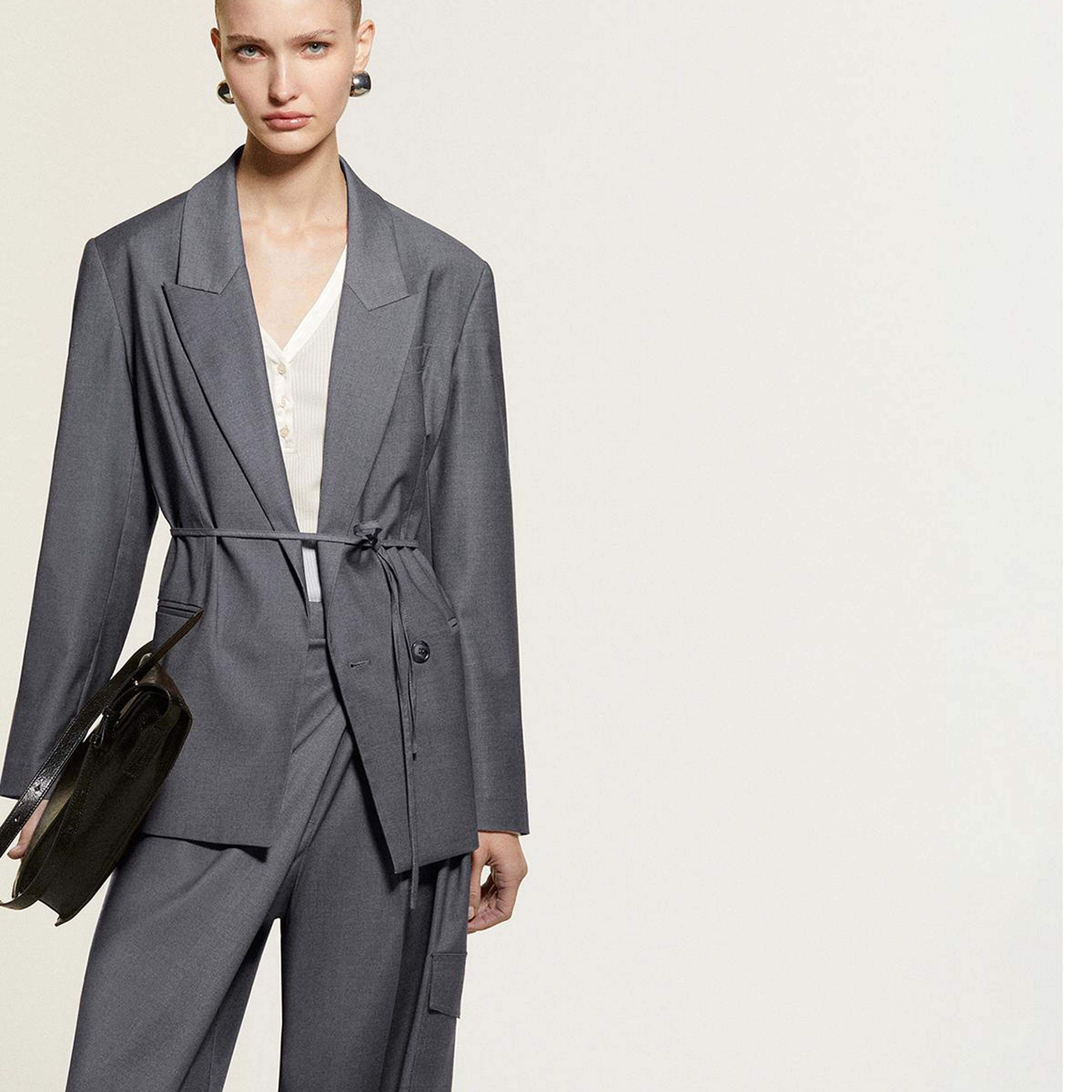 Kadın Gri  Viskoz Karışımlı Beli İpli Astarlı Regular Fit Blazer Ceket