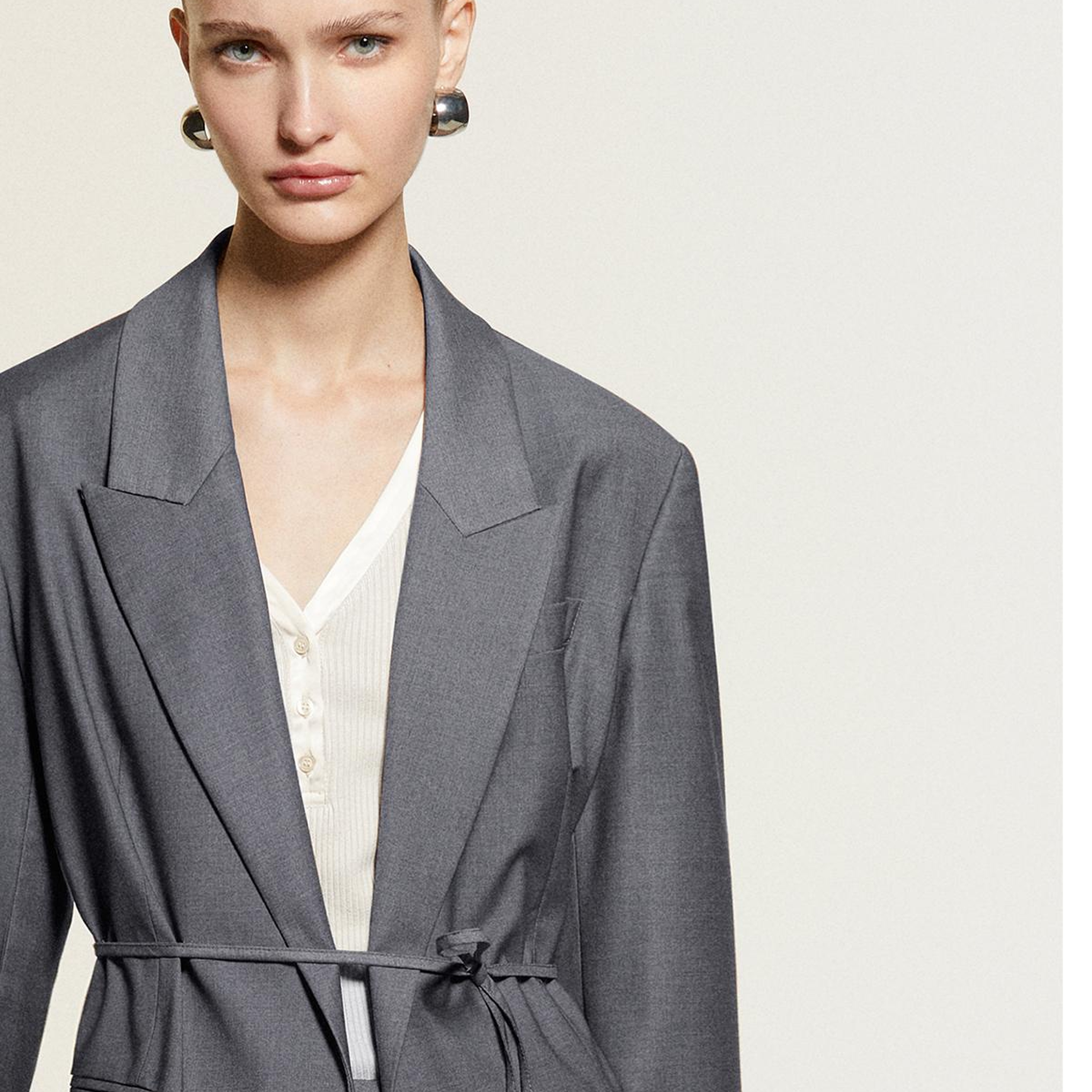 Kadın Gri  Viskoz Karışımlı Beli İpli Astarlı Regular Fit Blazer Ceket