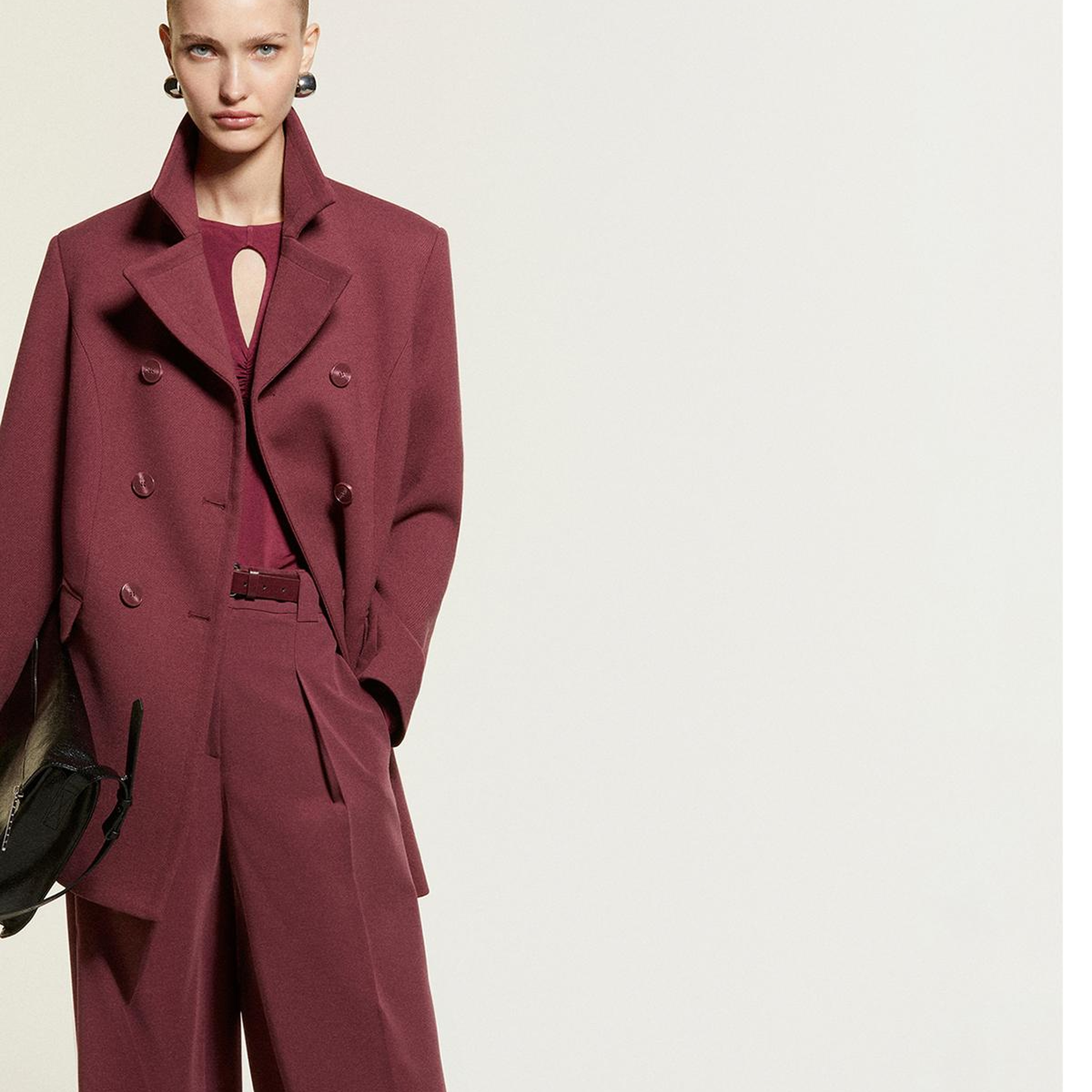 Kadın Bordo Viskoz Karışımlı Düğmeli Kruvaze Slim Fit Kaban