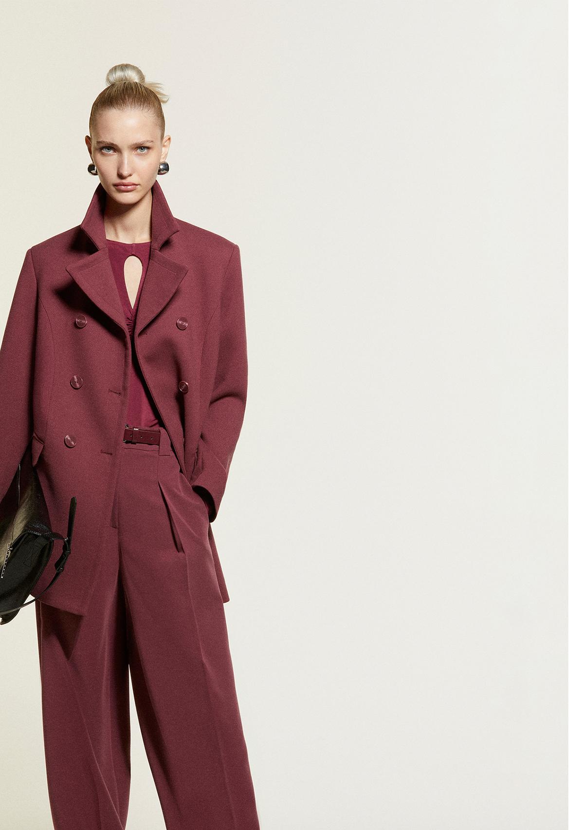 Kadın Bordo Viskoz Karışımlı Düğmeli Kruvaze Slim Fit Kaban