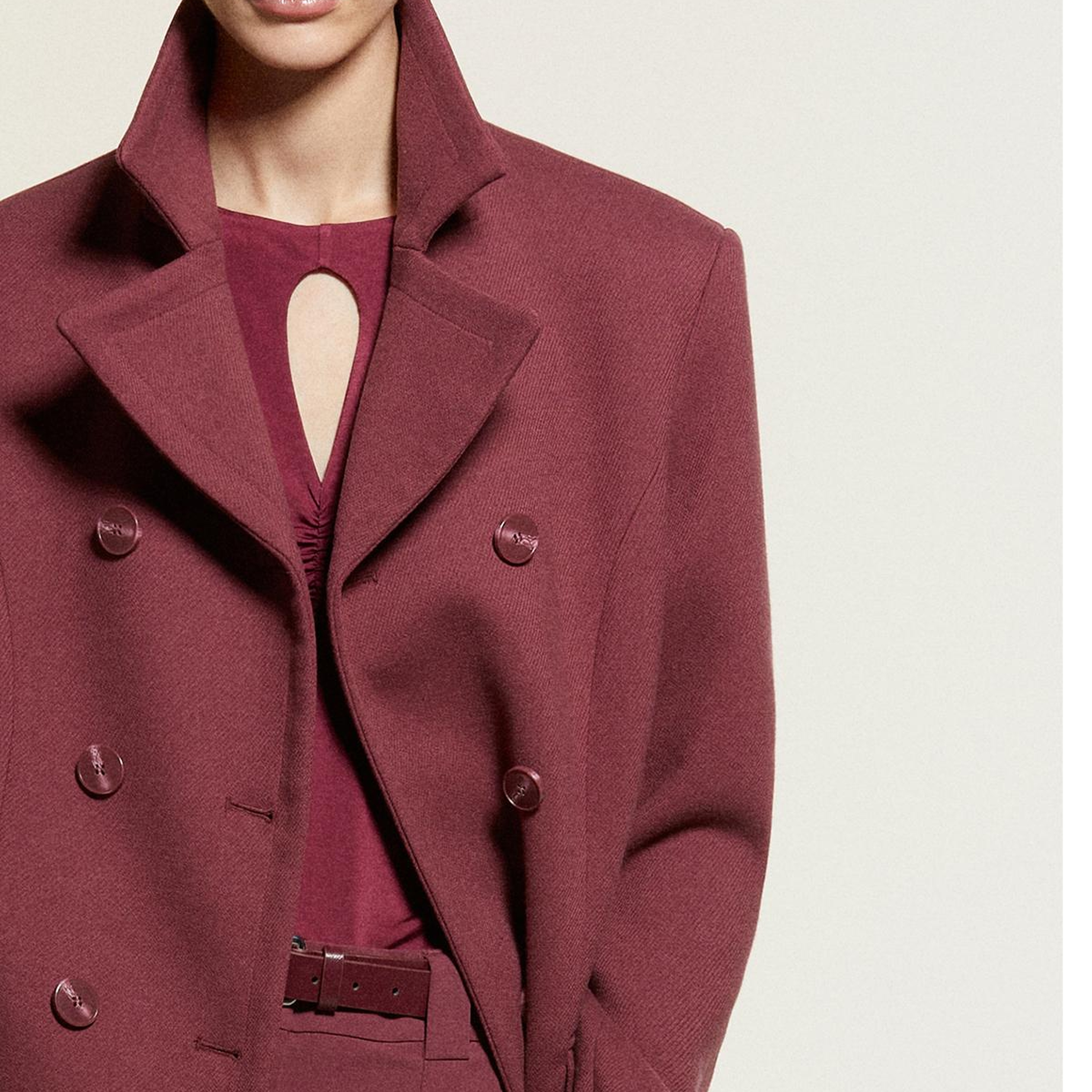 Kadın Bordo Viskoz Karışımlı Düğmeli Kruvaze Slim Fit Kaban