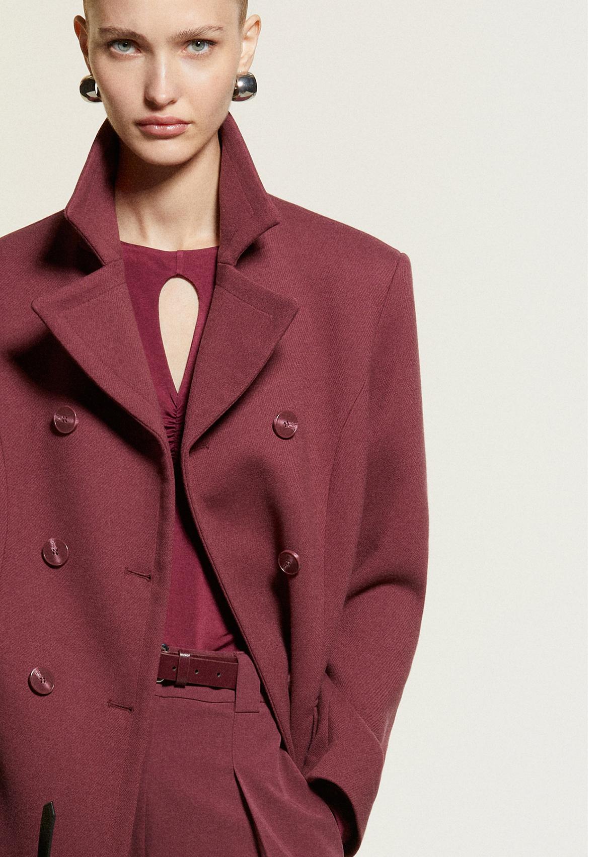 Kadın Bordo Viskoz Karışımlı Düğmeli Kruvaze Slim Fit Kaban