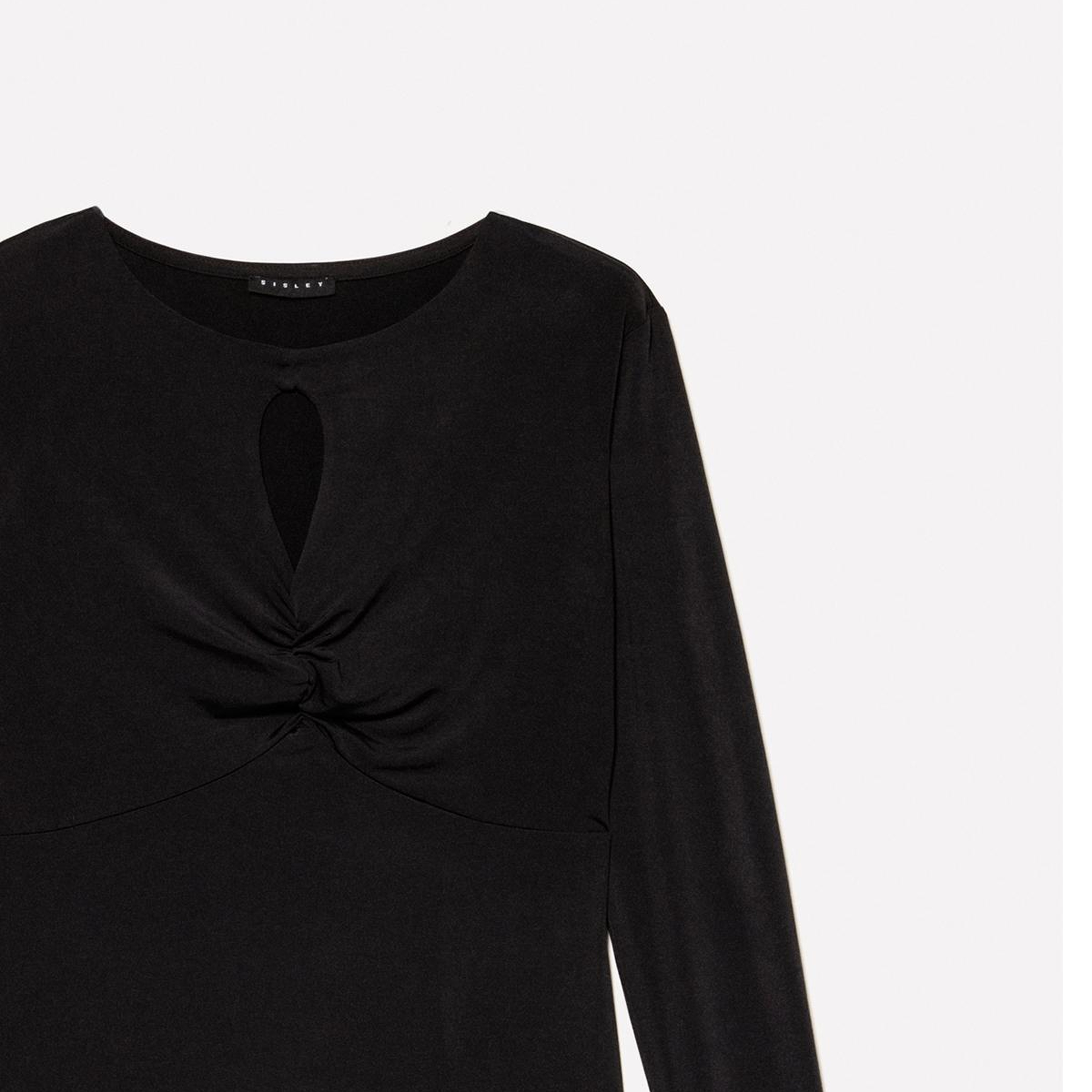 Kadın Siyah Büzgü Ve Delik Detaylı Slim Fit Uzun Kollu T-Shirt