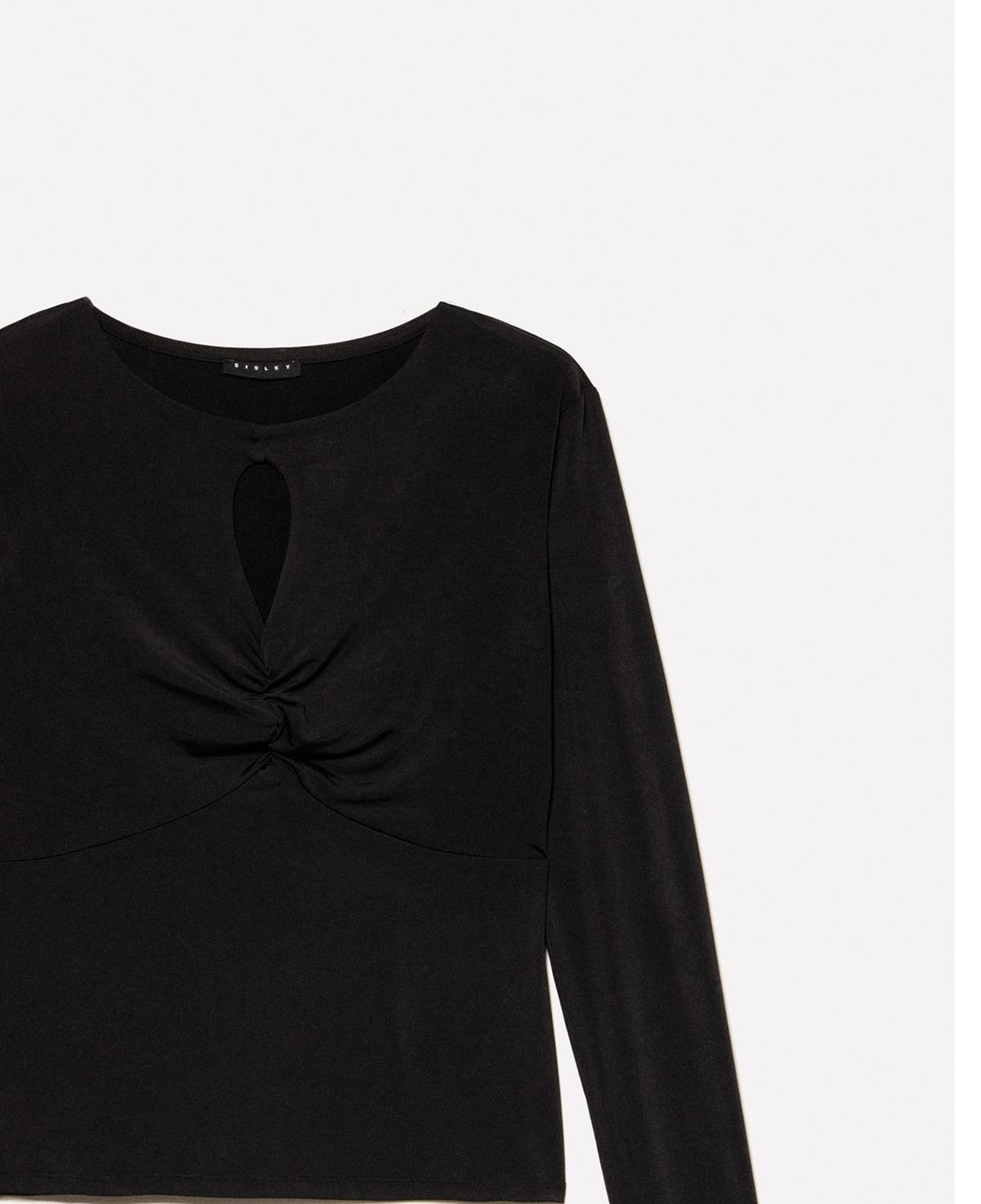 Kadın Siyah Büzgü Ve Delik Detaylı Slim Fit Uzun Kollu T-Shirt