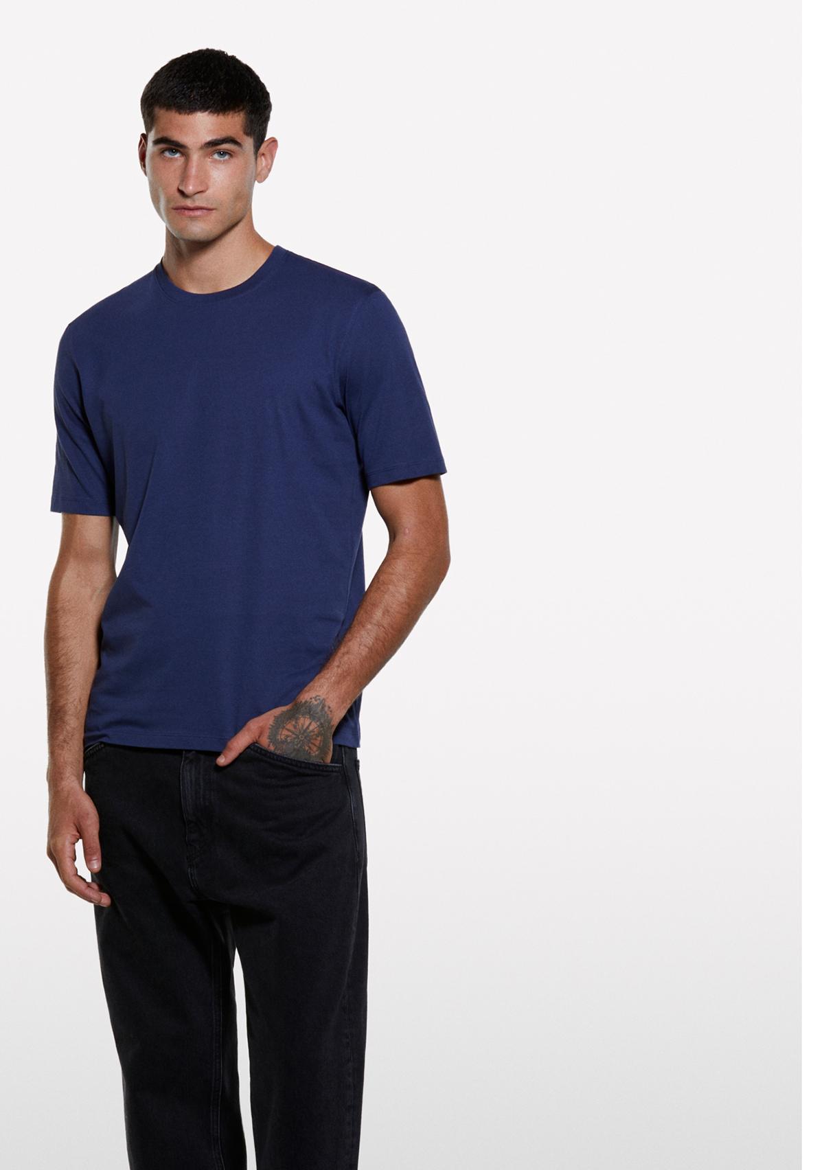 Erkek Koyu Mavi %100 Pamuk Normal Kesim Bisiklet Yaka Kısa Kollu T-Shirt