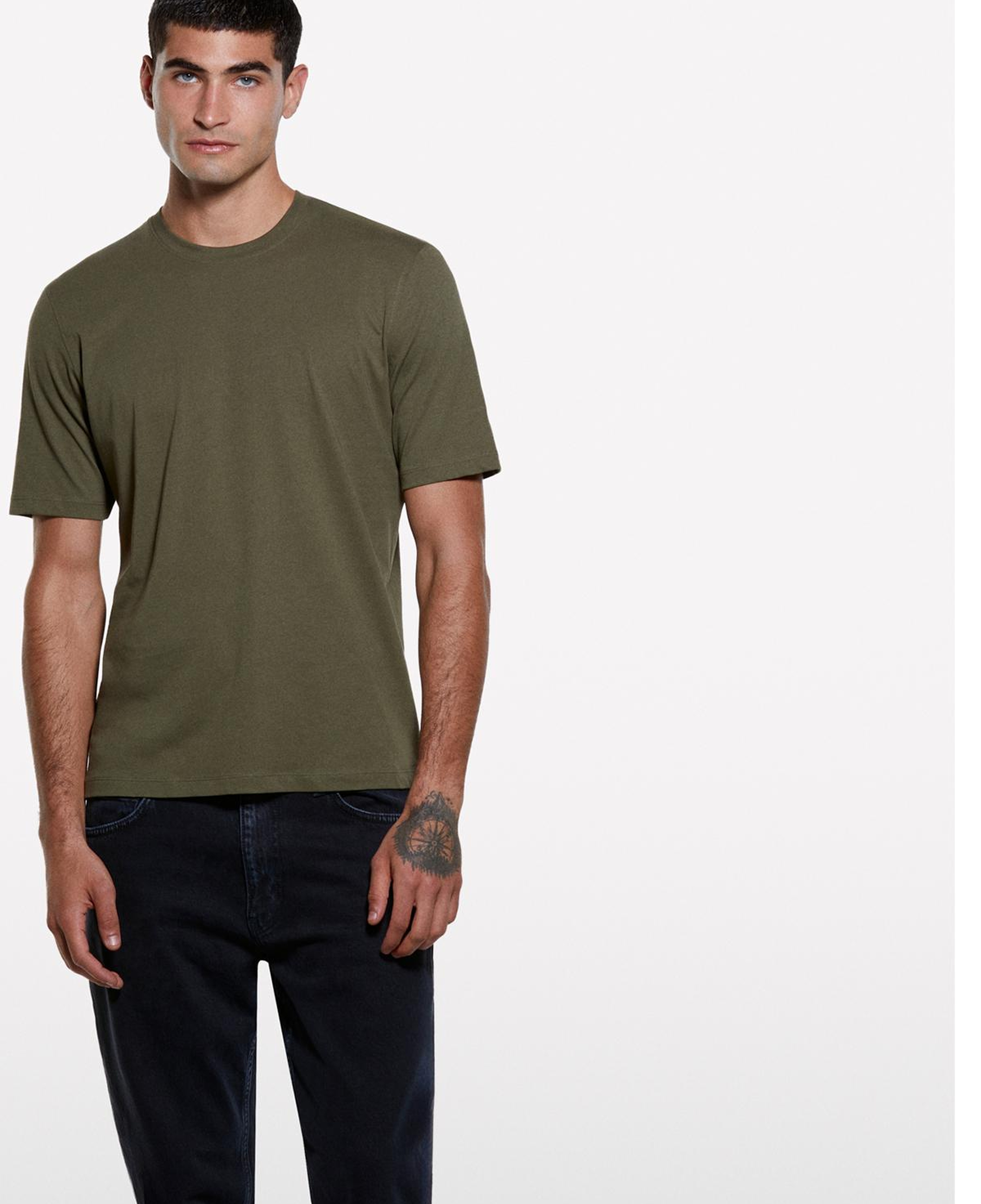 Erkek Haki Yeşili %100 Pamuk Normal Kesim Bisiklet Yaka Kısa Kollu T-Shirt