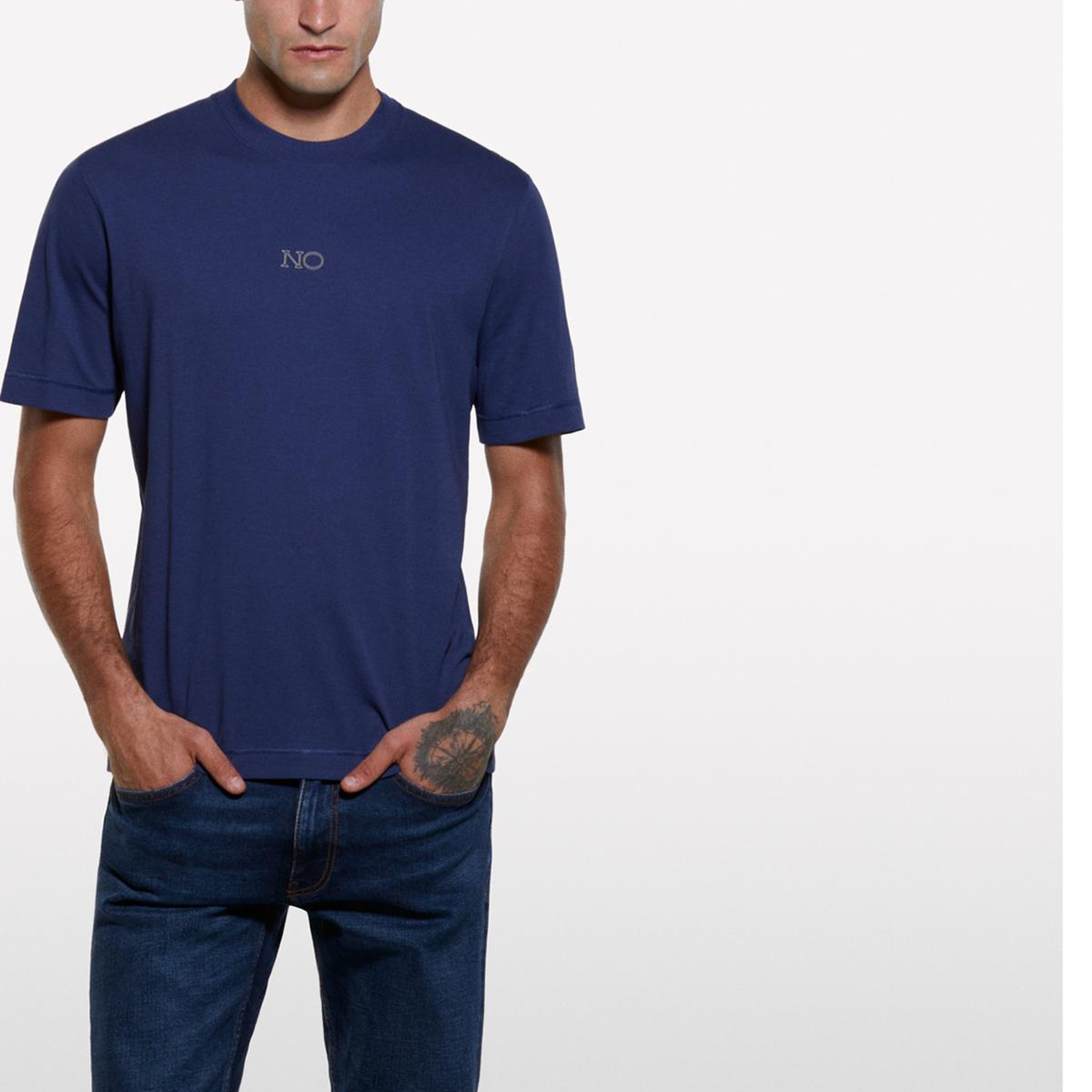 Erkek Lacivert %100 Pamuk Önü Baskılı Bisiklet Yaka Regular Fit T-Shirt
