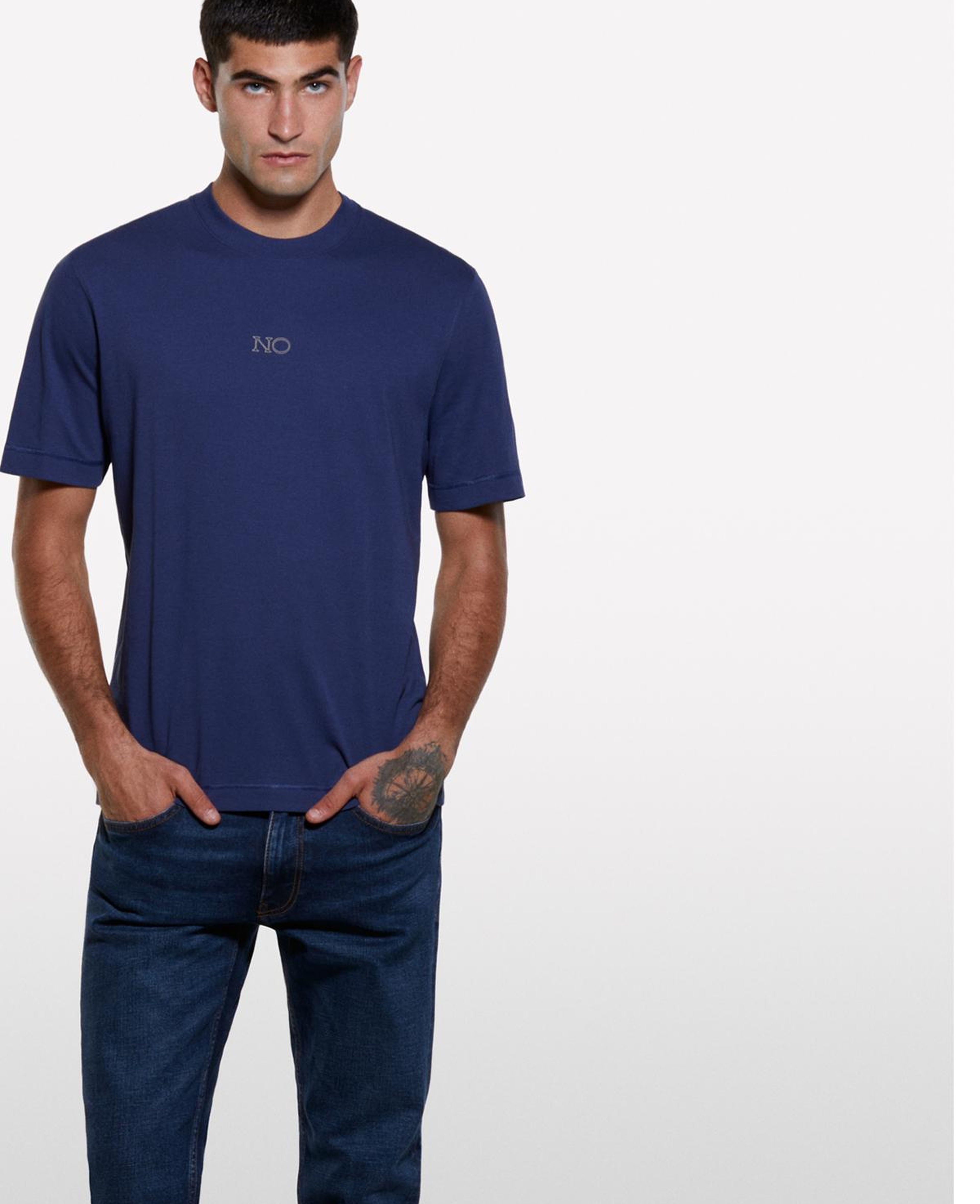 Erkek Lacivert %100 Pamuk Önü Baskılı Bisiklet Yaka Regular Fit T-Shirt