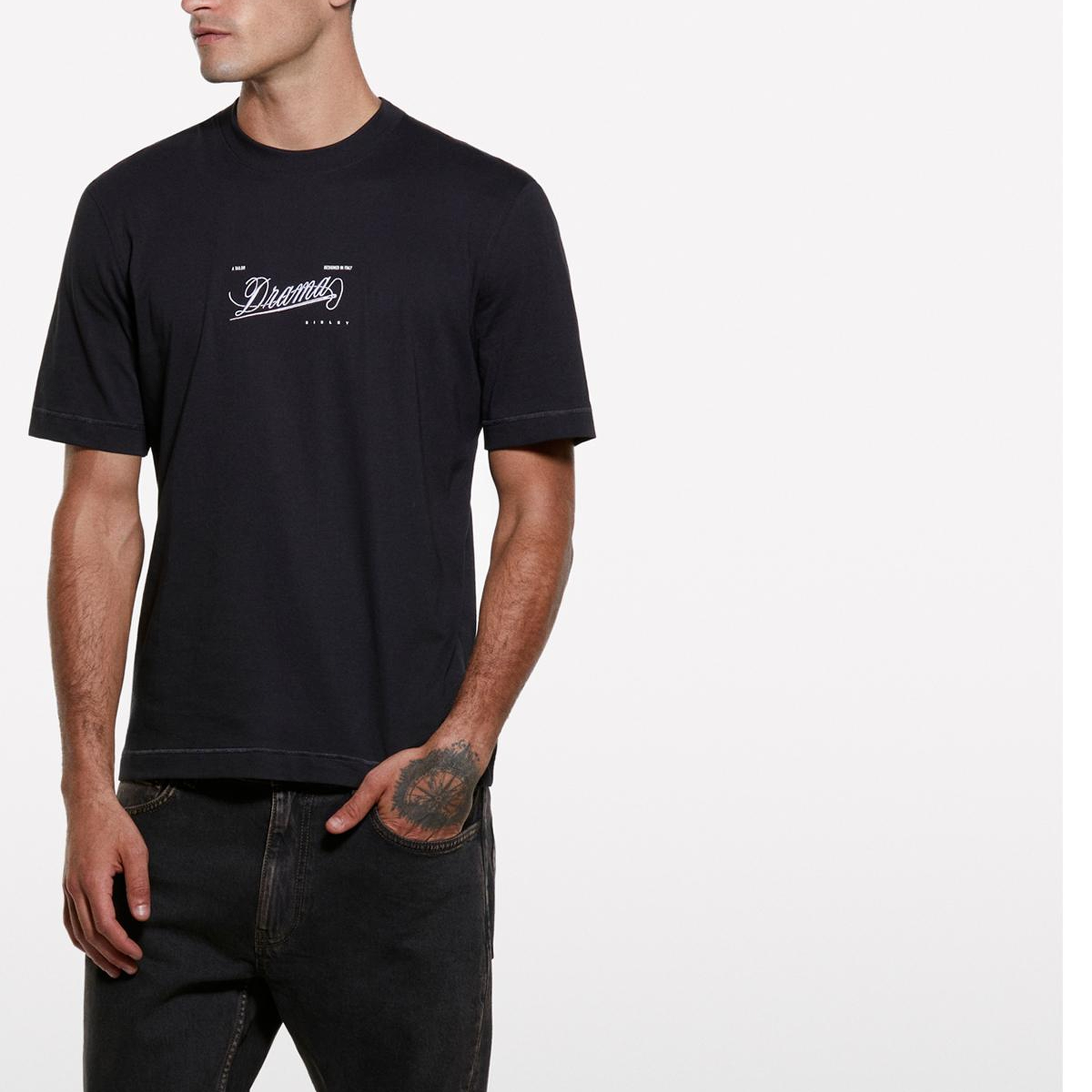 Erkek Siyah %100 Pamuk Önü Baskılı Bisiklet Yaka Regular Fit T-Shirt