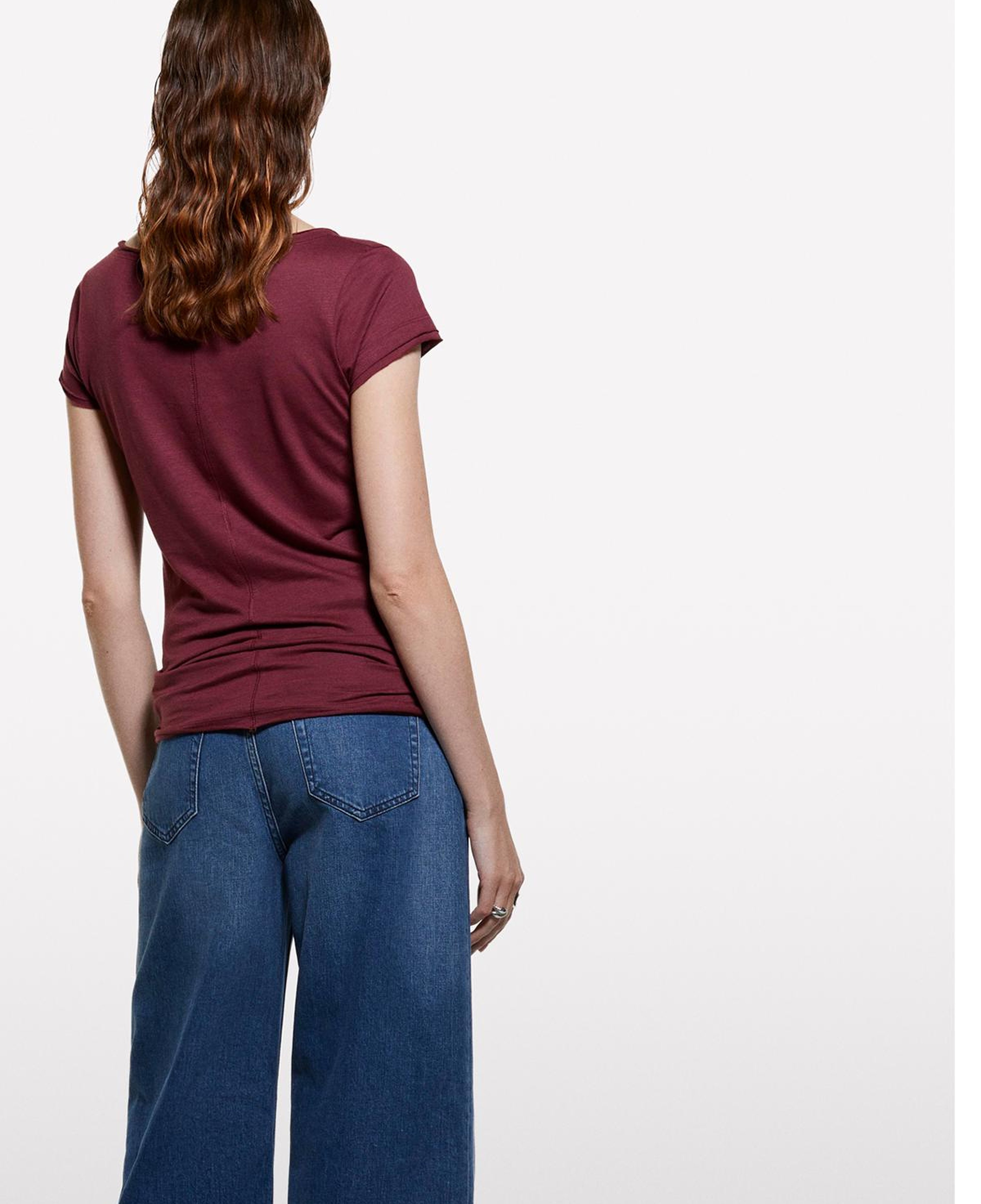 Kadın Bordo Pamuk Modal Karışımlı Normal Kalıp V Yaka Slub T-Shirt