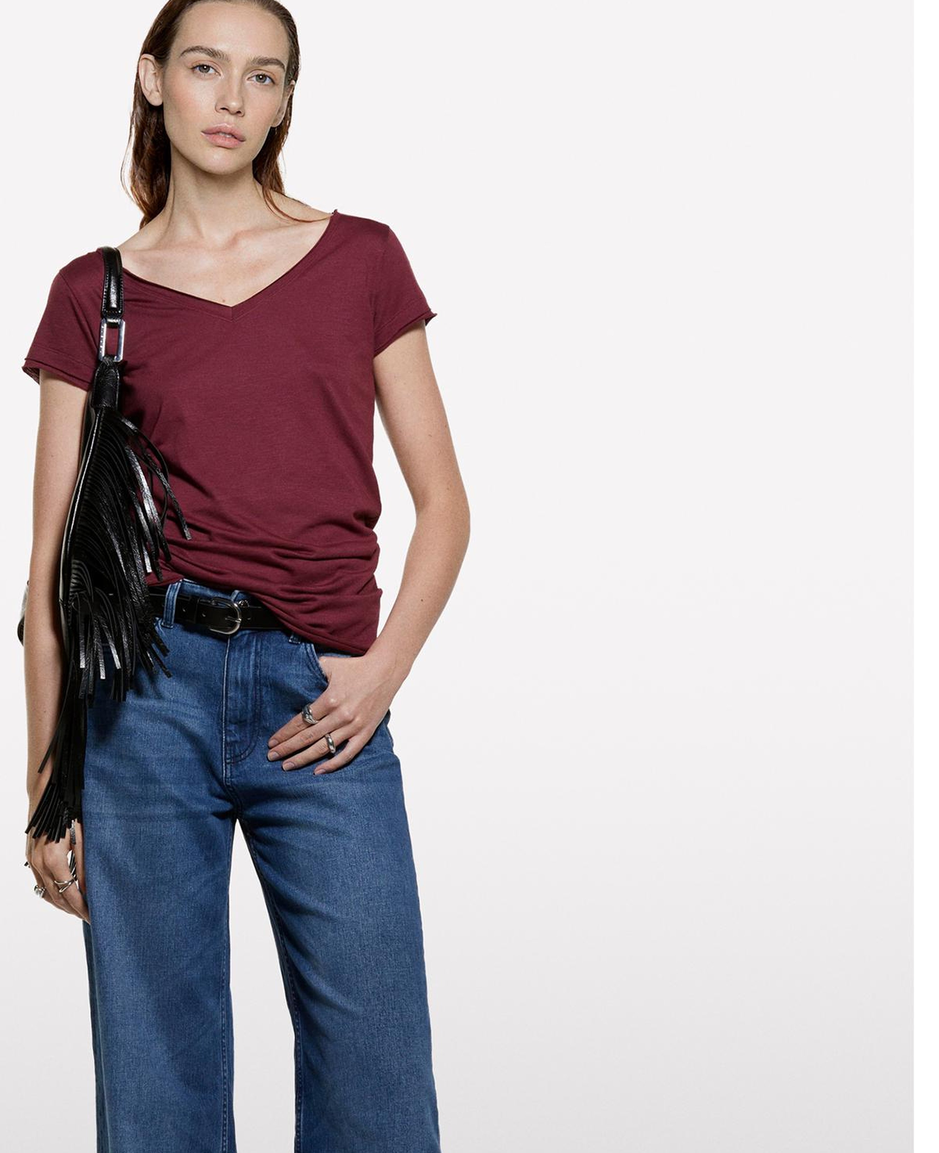 Kadın Bordo Pamuk Modal Karışımlı Normal Kalıp V Yaka Slub T-Shirt