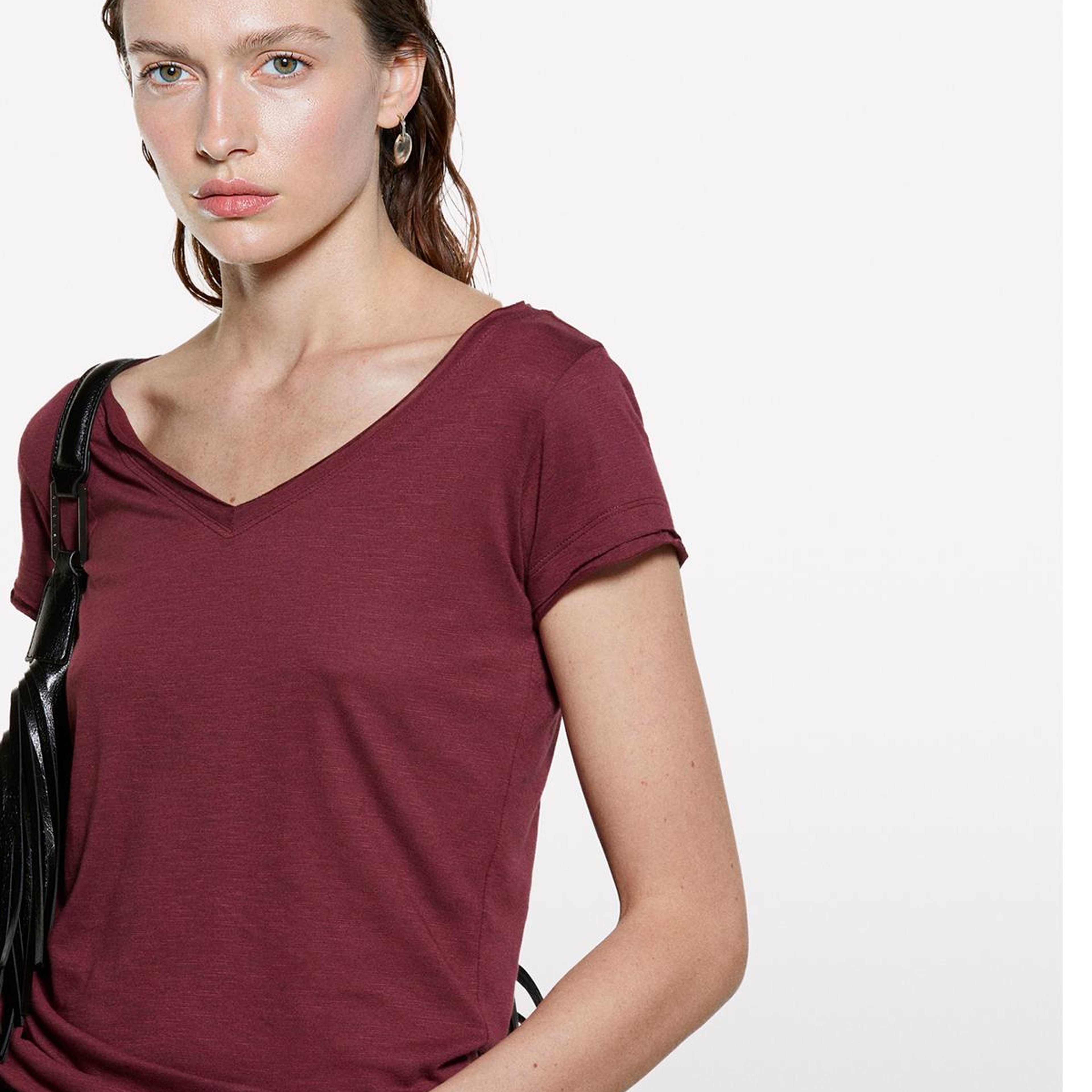 Kadın Bordo Pamuk Modal Karışımlı Normal Kalıp V Yaka Slub T-Shirt