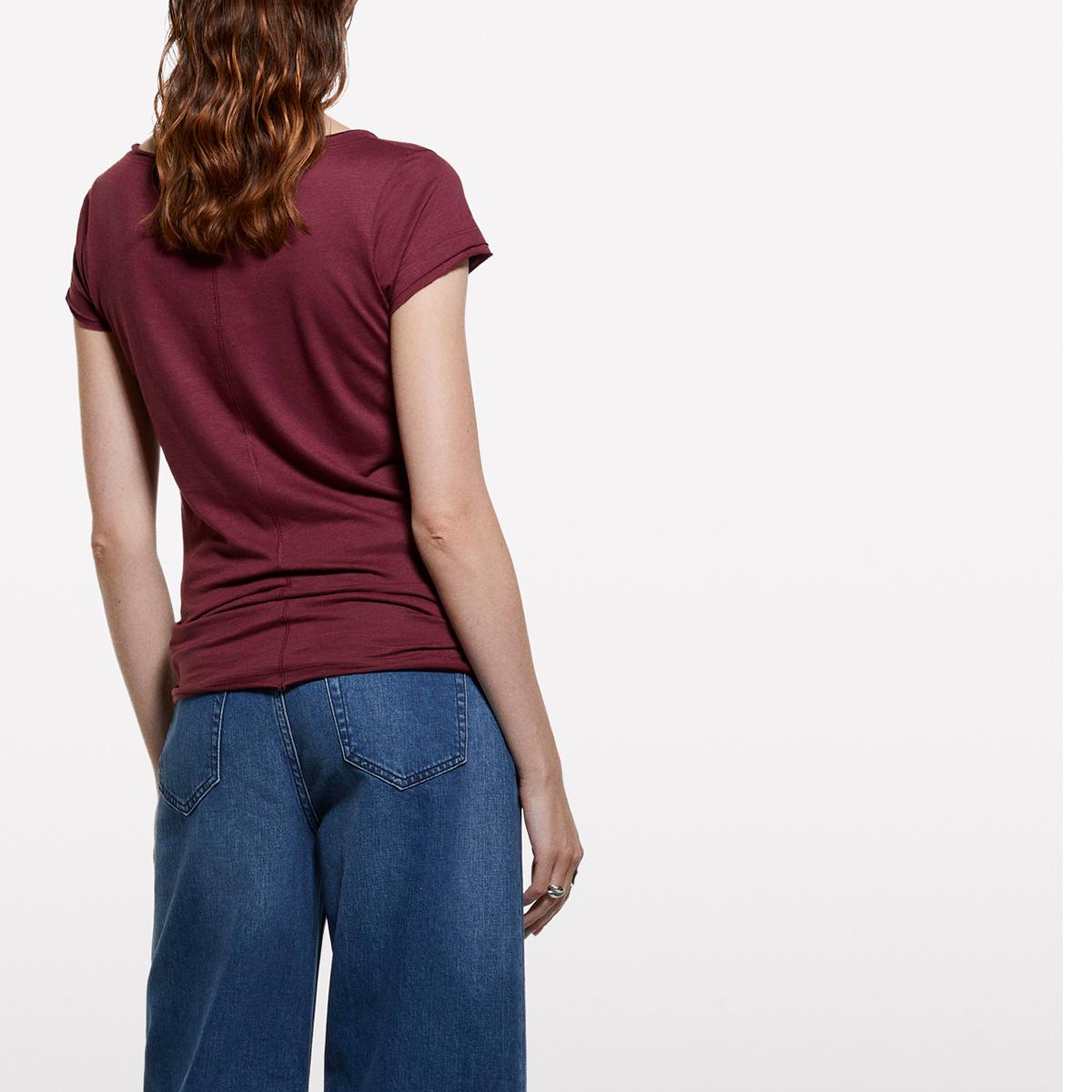 Kadın Bordo Pamuk Modal Karışımlı Normal Kalıp V Yaka Slub T-Shirt