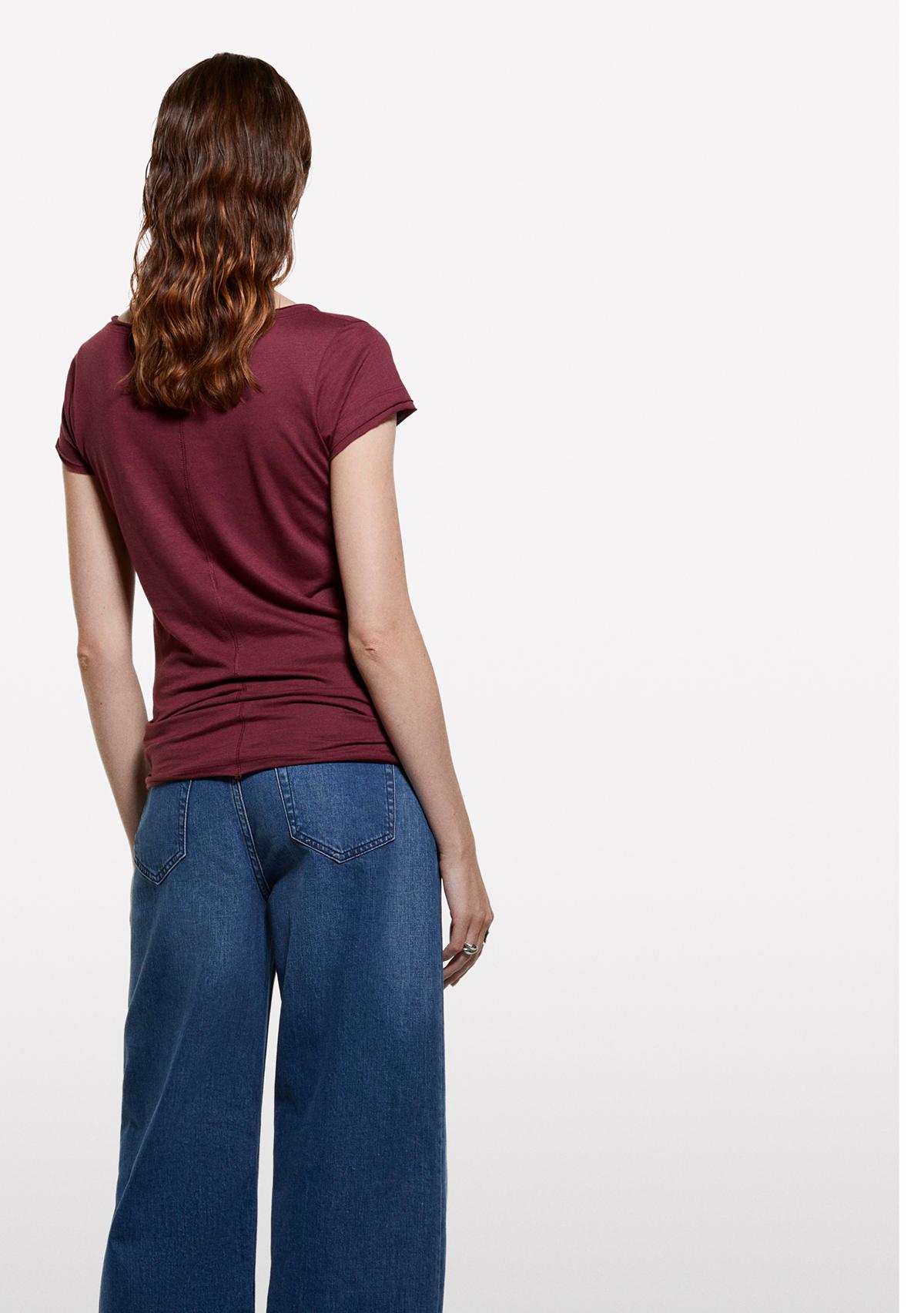 Kadın Bordo Pamuk Modal Karışımlı Normal Kalıp V Yaka Slub T-Shirt