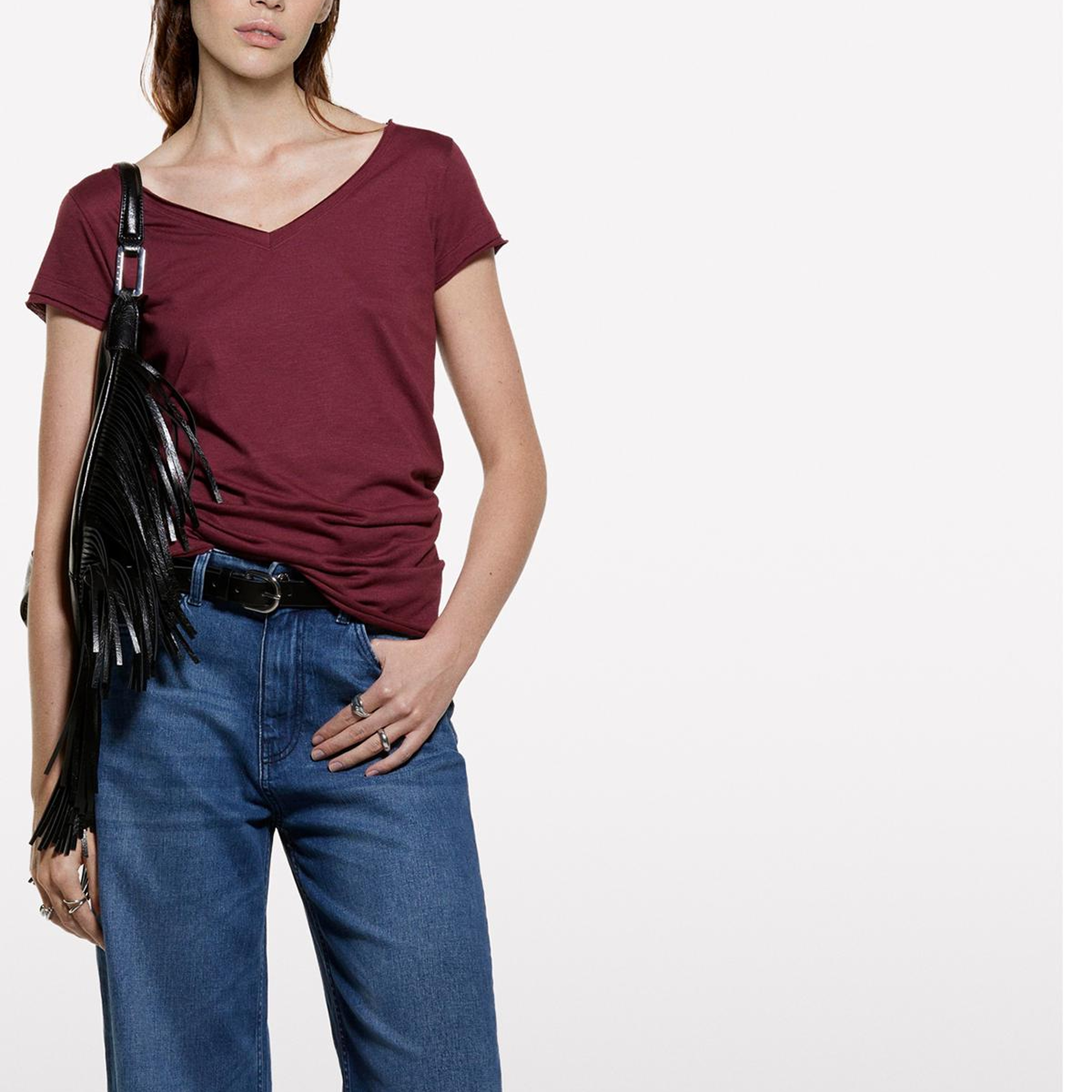 Kadın Bordo Pamuk Modal Karışımlı Normal Kalıp V Yaka Slub T-Shirt