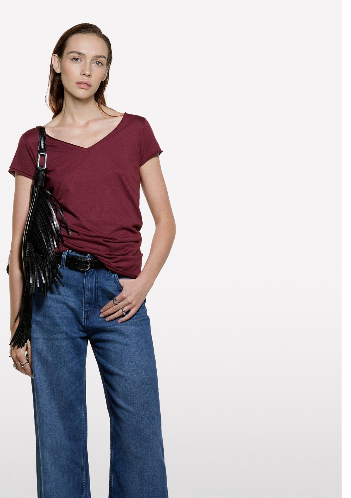 Kadın Bordo Pamuk Modal Karışımlı Normal Kalıp V Yaka Slub T-Shirt