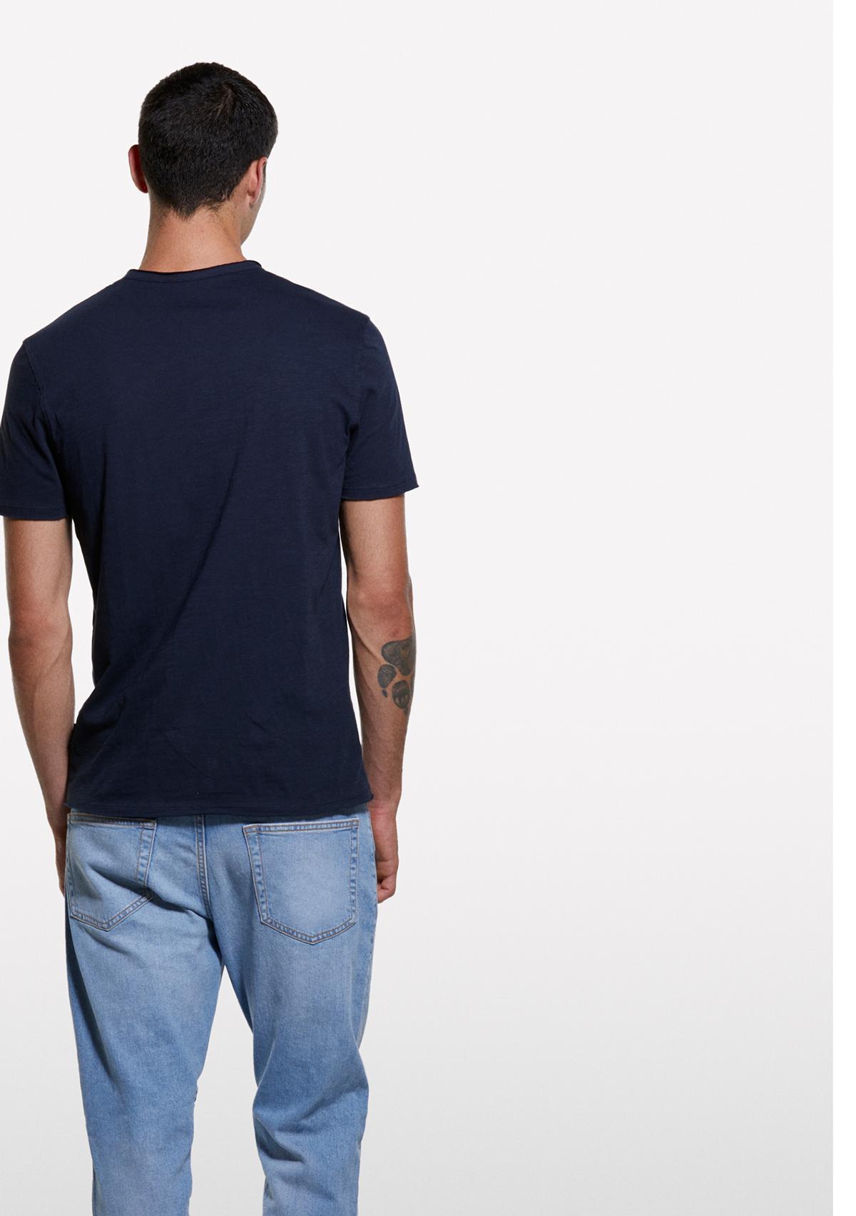 Erkek Lacivert %100 Pamuk Düğmeli Bisiklet Yaka Slim Fit Slub T-Shirt