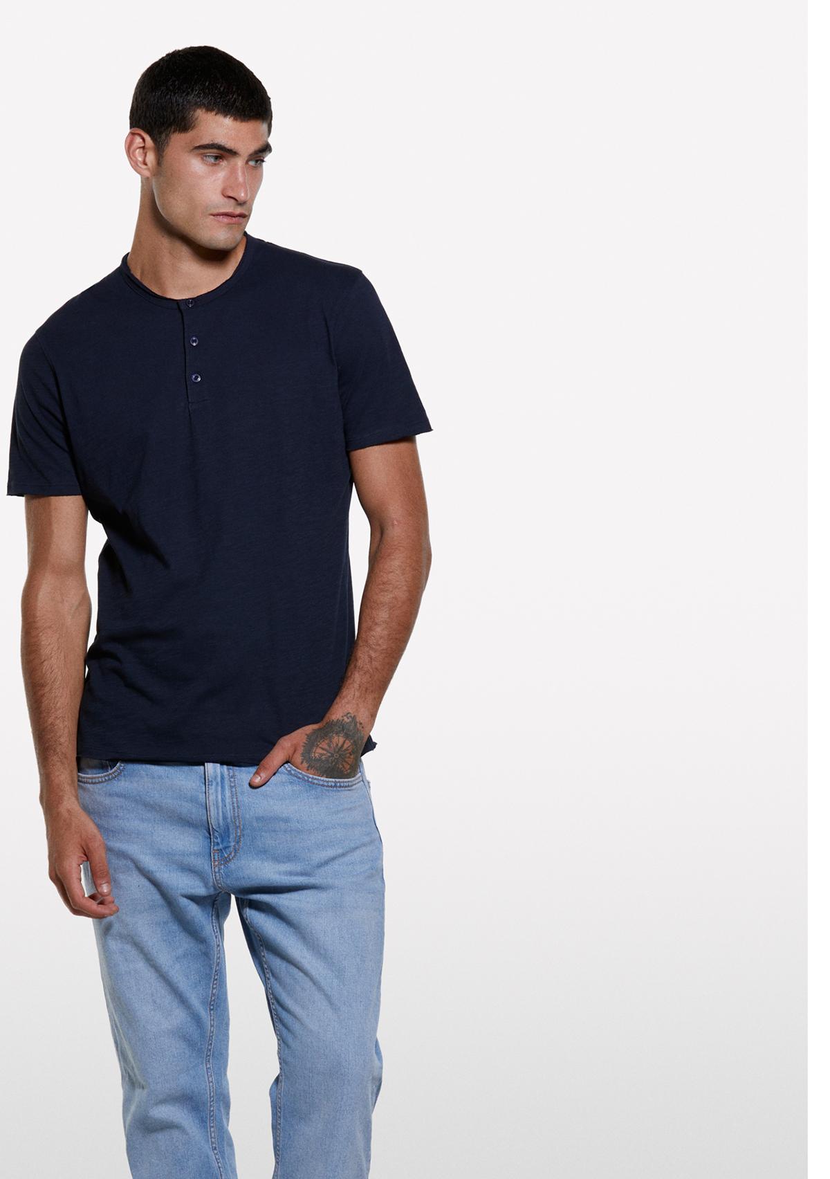 Erkek Lacivert %100 Pamuk Düğmeli Bisiklet Yaka Slim Fit Slub T-Shirt