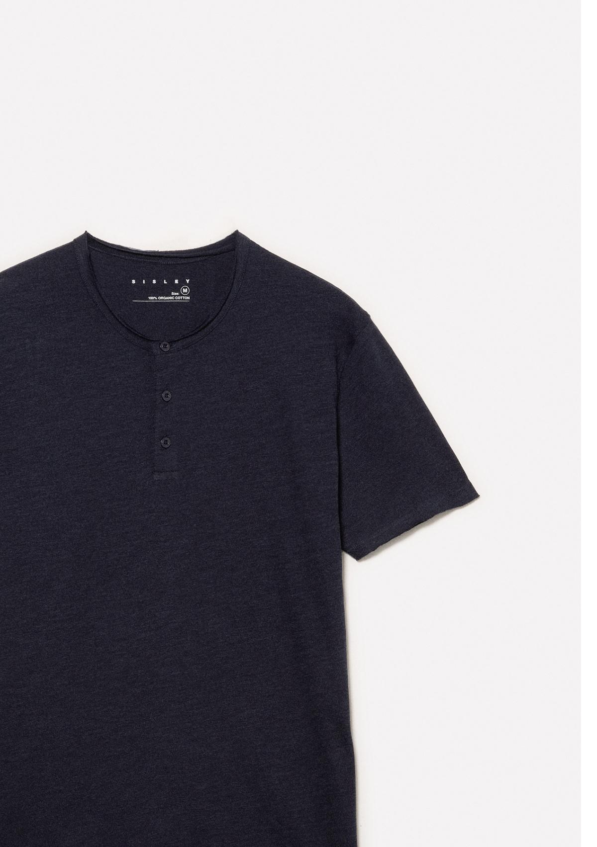 Erkek Lacivert %100 Pamuk Düğmeli Bisiklet Yaka Slim Fit Slub T-Shirt