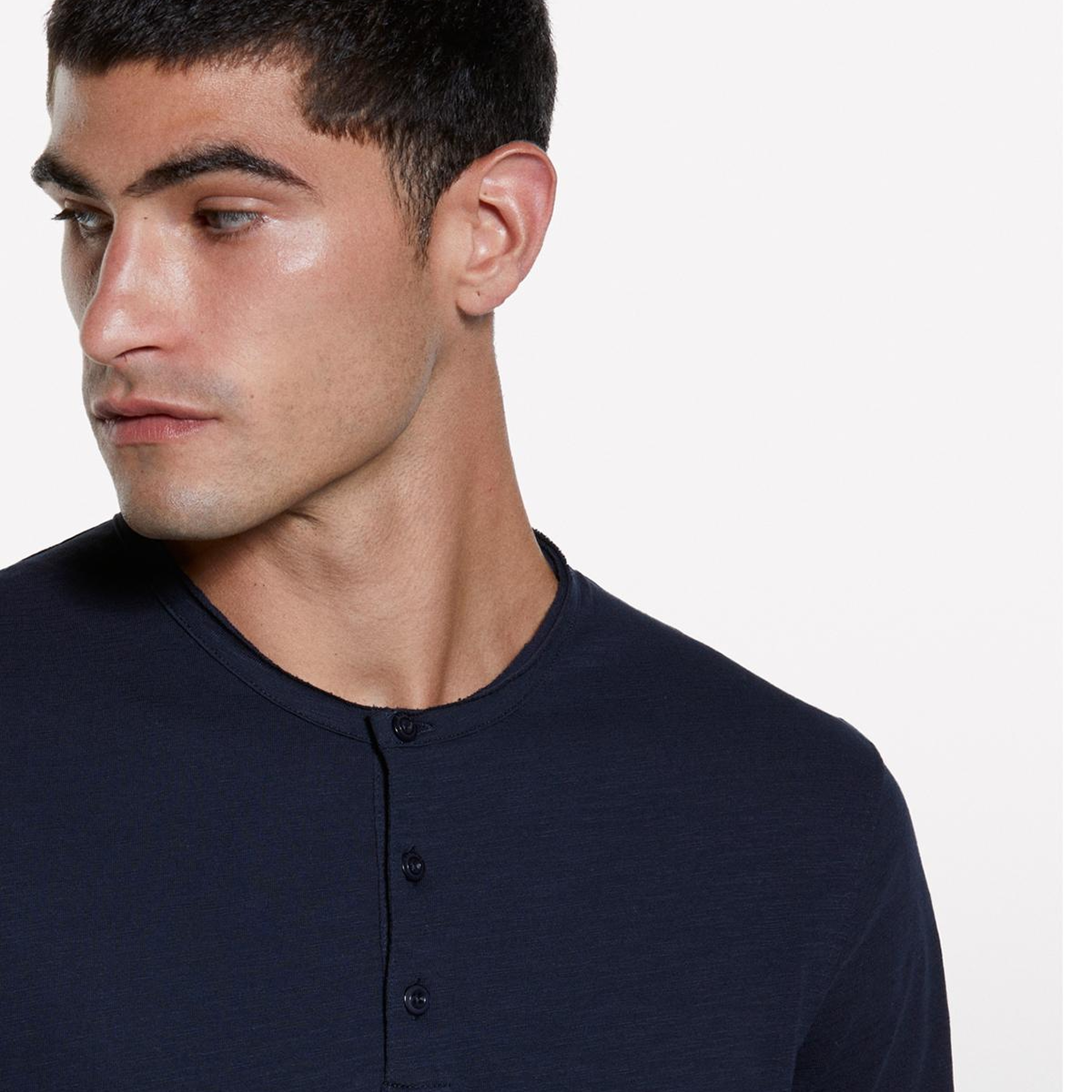 Erkek Lacivert %100 Pamuk Düğmeli Bisiklet Yaka Slim Fit Slub T-Shirt