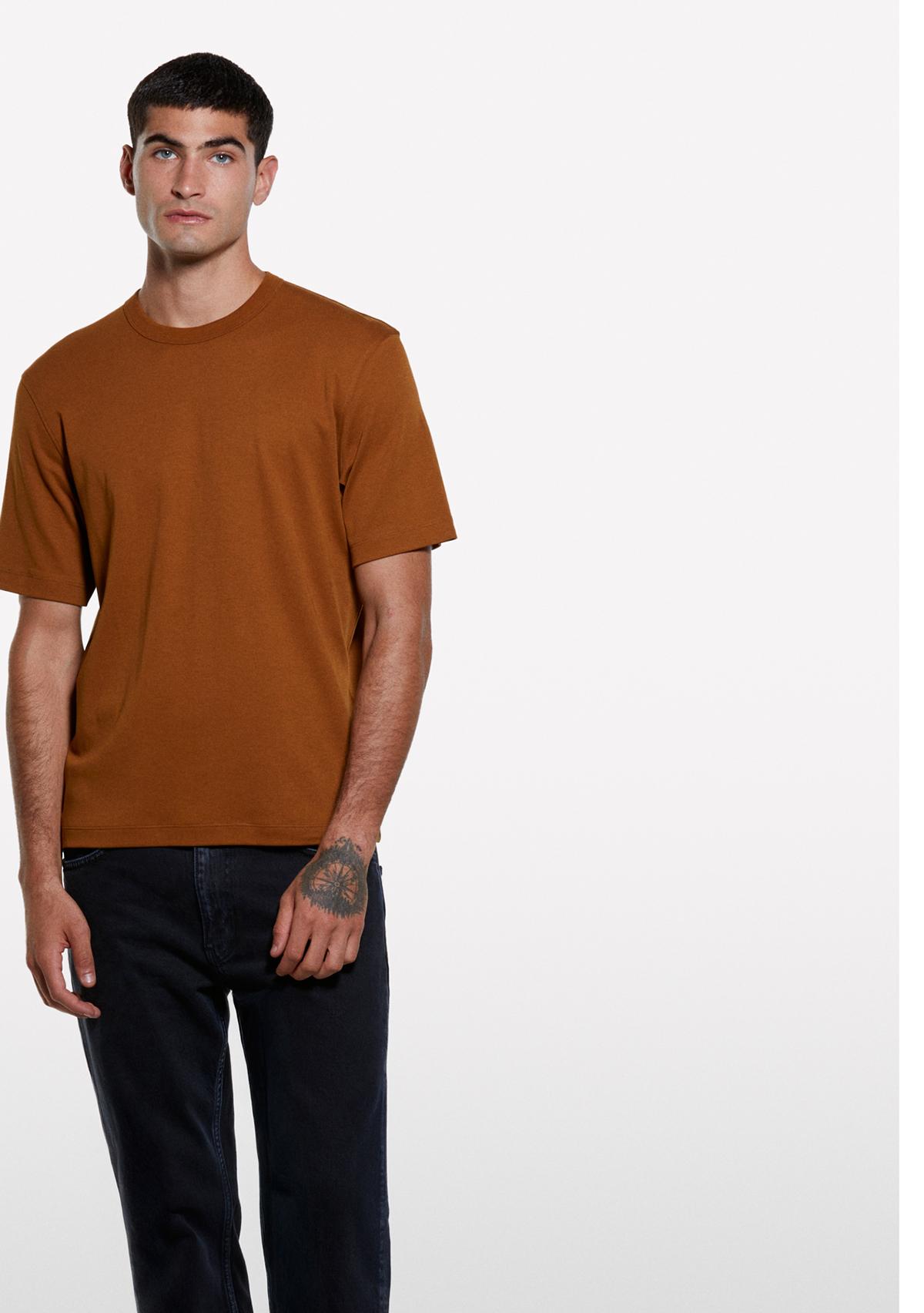 Erkek Taba %100 Pamuk Nervürlü Bisiklet Yaka T-Shirt